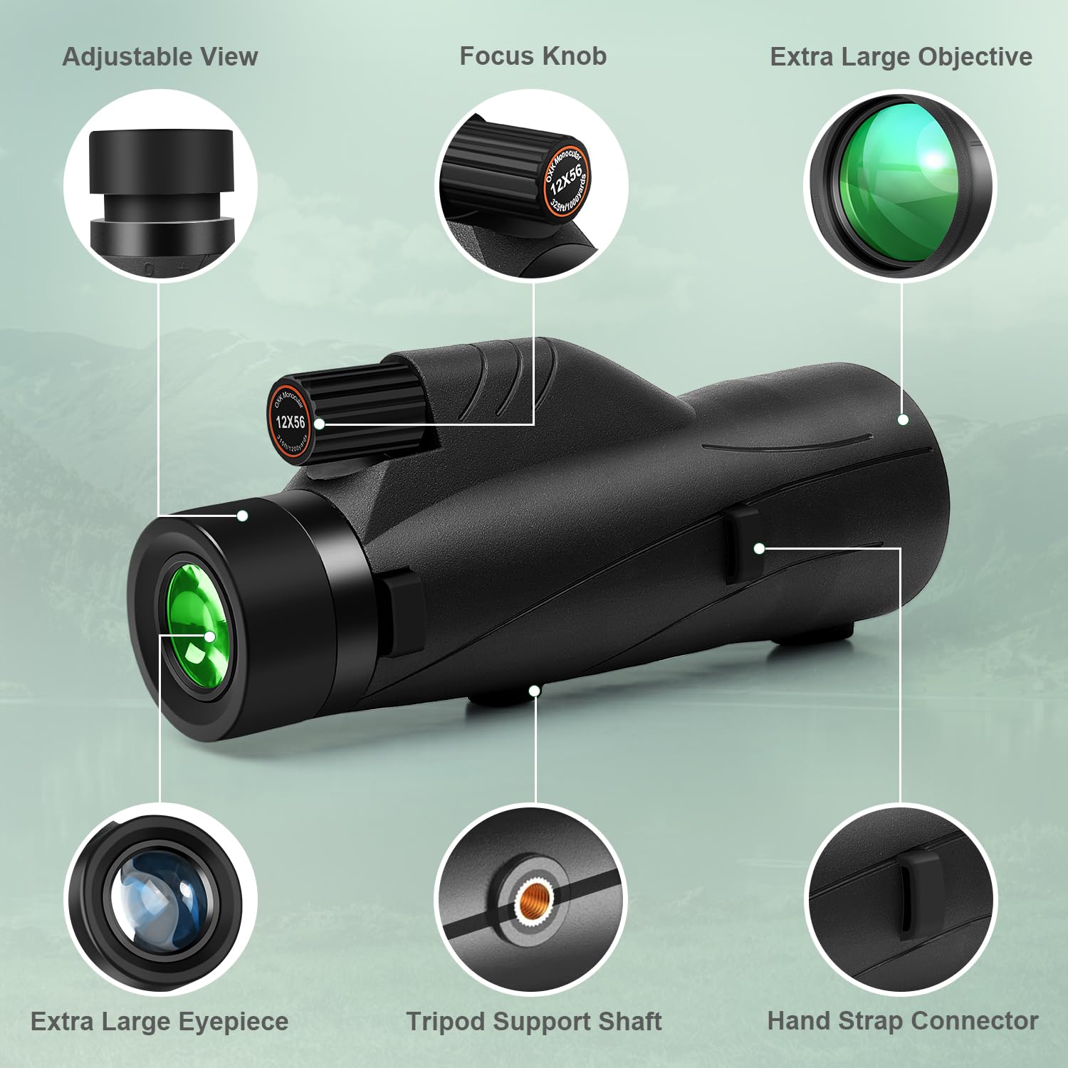Oxk Optics 12X56 High Power Monocular Telescope With Smartphone Adapter Tripod Travel Bag, Larger Vision Monoculars For Adults With Bak4 Prism & Fmc Lens, Suitable For Bird Watching Hunting Hiking Camping