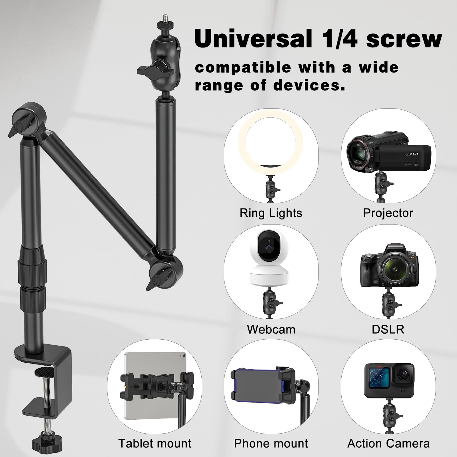 Jubor Overhead Camera Mount For Desk, 30.9" Webcam Stand With 1/4" Screws, 360° Adjustable Tabletop C-Clamp Stand For Dslr, Webcam, Digital Cameras, Mini Projector,Microphone