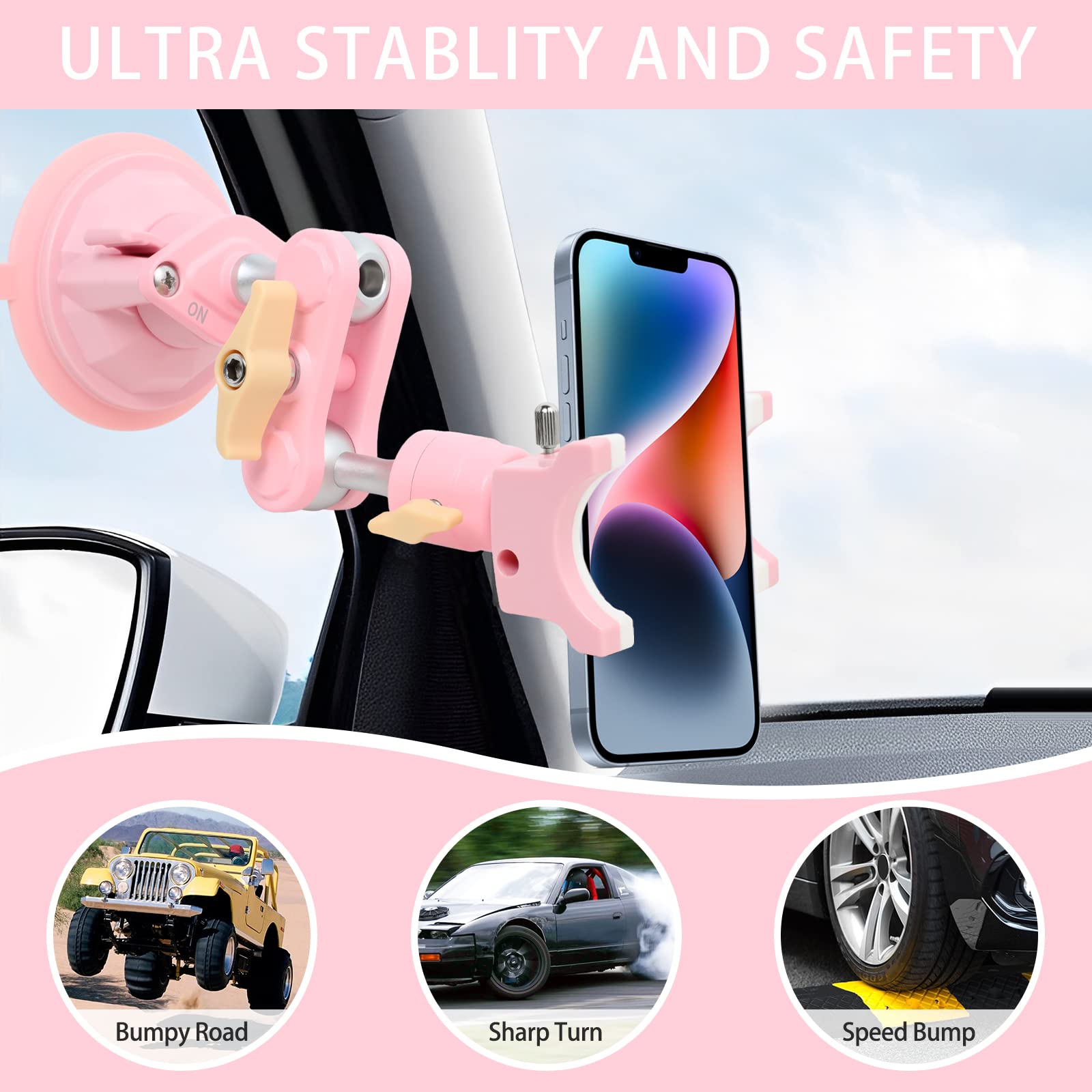 Rednow Suction Cup Phone Mount 360 Rotating Universal Ball Head Arm For Car Dashboard Windshield Vehicle Sunroof (1PcPink)