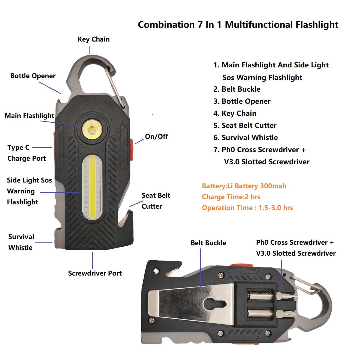 Weleshei Multifunctional Flashlight 7 In1 Cob Keychain Bright Work Light Rechargeable Portable Led Sos Light With Bottle Opener Seat Belt Cutter Survival Whistle Screwdriver For Camping Walking Hiking