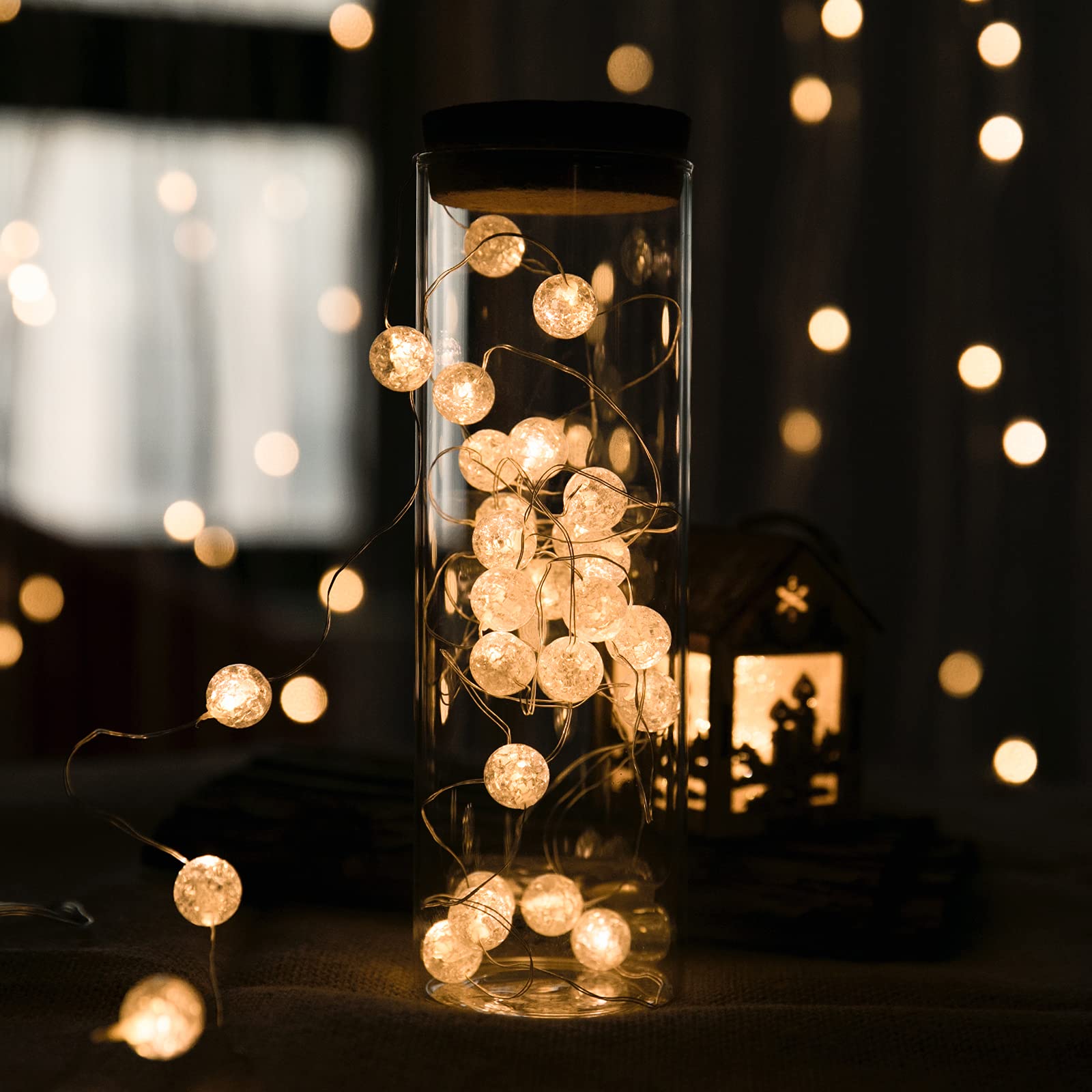Hutools Globe String Lights For Bedroom, Decorative Christmas Lights, Crystal Crackle Ball Lights 10Ft 30 Led Soft White Battery Operated Fairy Lights Perfect For Valentine'S Day Decor