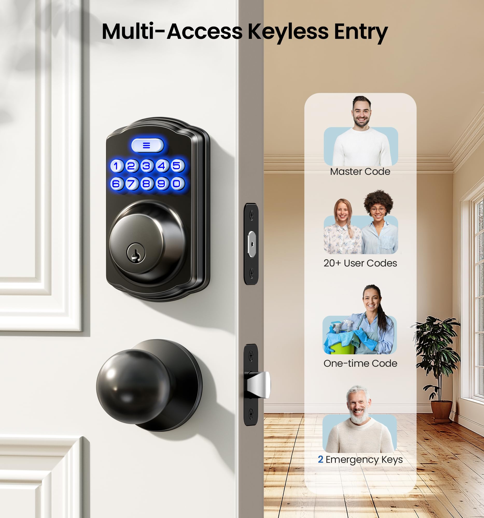 Veise Keyless Entry Door Lock With 2 Knobs, Electronic Backlit Keypad Deadbolt With Handle Set, Auto Lock, One-Time Codes, Smart Deadbolt For Front Door, Easy Installation, Matte Black