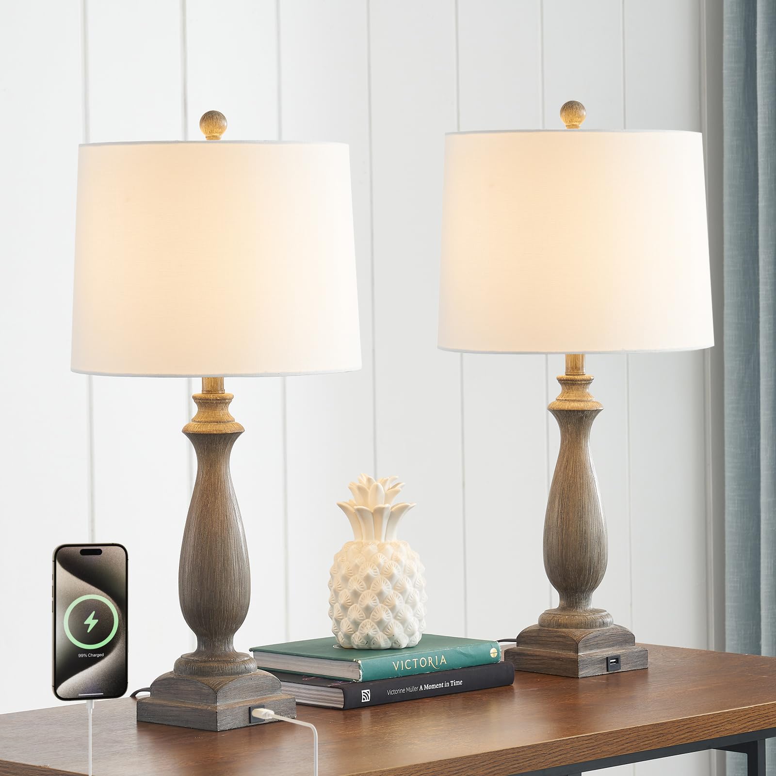 Hightry 26" Farmhouse Table Lamps Set Of 2 For Living Room, Gray Rustic Bedside Lamps With Usb Charging Port, 3-Way Dimmable Resin End Table Lamps With White Shade For Living Room, Bedroom, Etl Listed