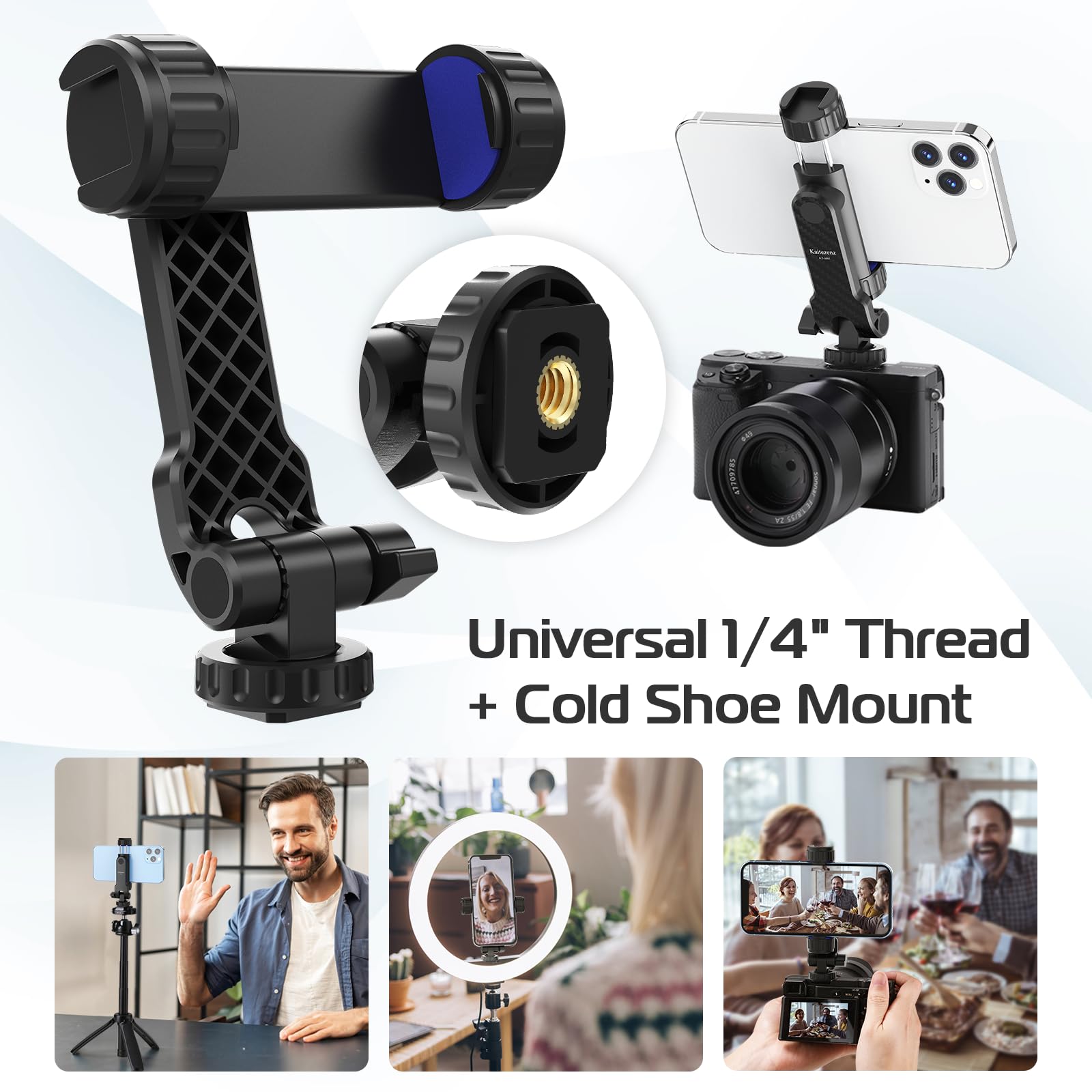 Kaitezenz Cell Phone Tripod Mount, Universal Tripod Phone Mount With 2 Cold Shoes, 360° Rotates 180° Tilts Camera Hot Shoe Phone Mount Smartphone Tripod Holder Adapter For Iphone Samsung All Phone
