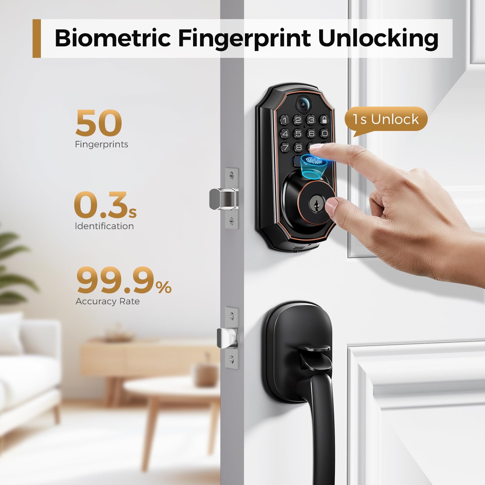 Arpha Keyless Entry Deadbolt With Handle Set - Wifi Smart Lock With Camera, 5-In-1 Camera+Doorbell+Fingerprint+Keypad, App Control, Auto Lock, Easy Install, Waterproof For Front Door