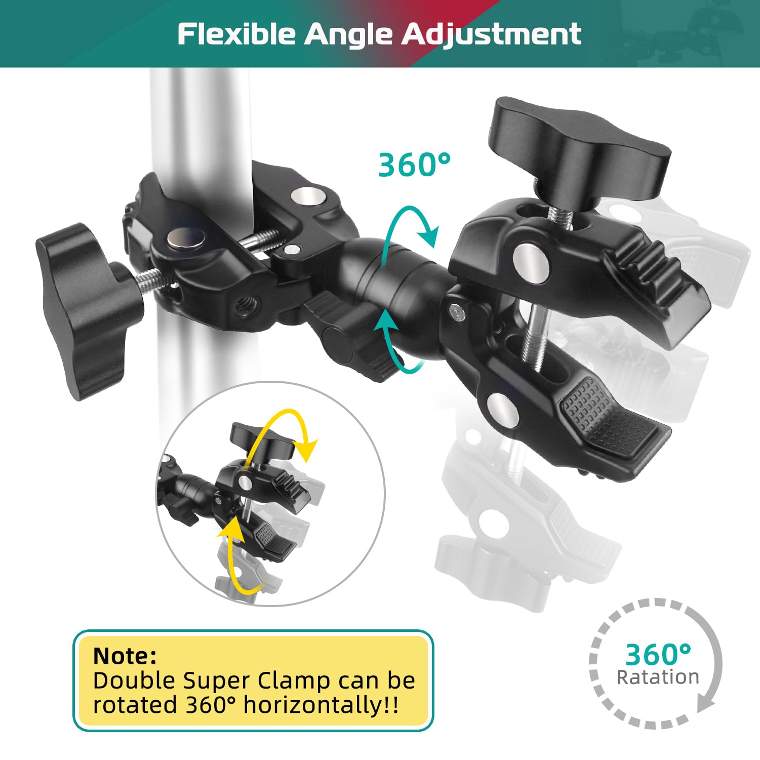 Jebutu Super Clamp Double Camera Clamp, Super Clamp Camera Clamp Mount 360°Rotation Ball Head, Crab Plier Clip Bracket With Ballhead For Umbrella, Tripod, Light Stand, Photography Reflector