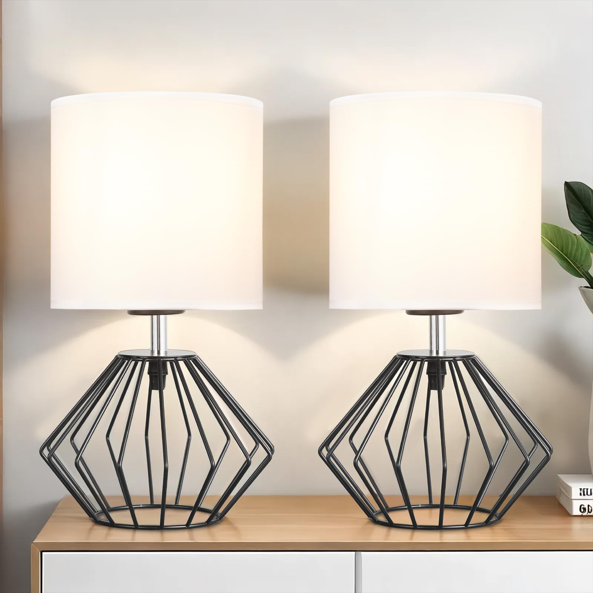 Hamilyeah Table Lamps Set Of 2, Industrial Lamps For Night Stands With On/Off Switch, Black Bedside Lamps With White Fabric Shade, Modern Simple Lamp For Bedroom, Living Room