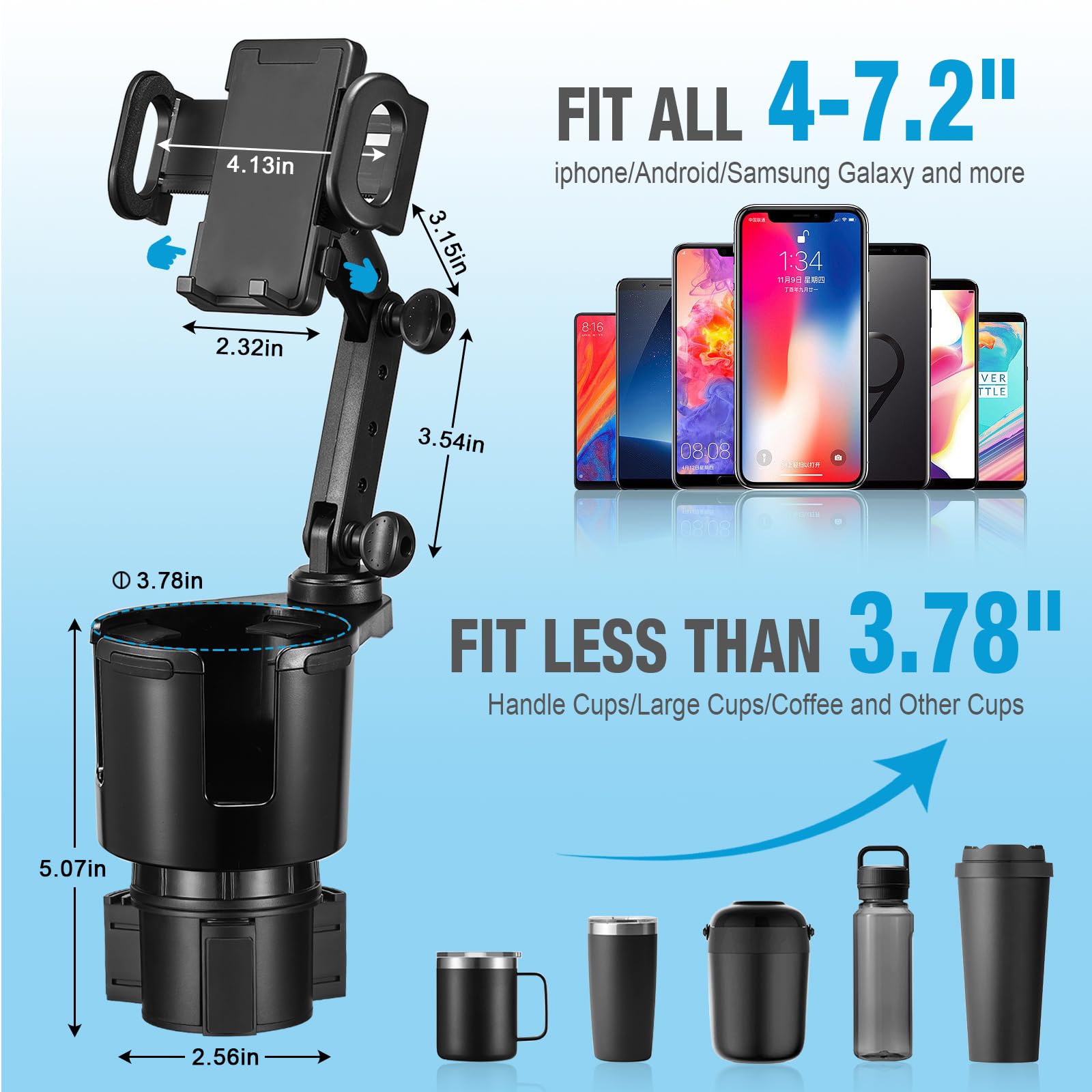 Scrwvess Cup Holder Phone Mount, 2 In 1 Cup Holder Expander For Car Long Arm With 360°Rotation Cup Holder Cell Phone Holder For Car Compatible With All Smartphones
