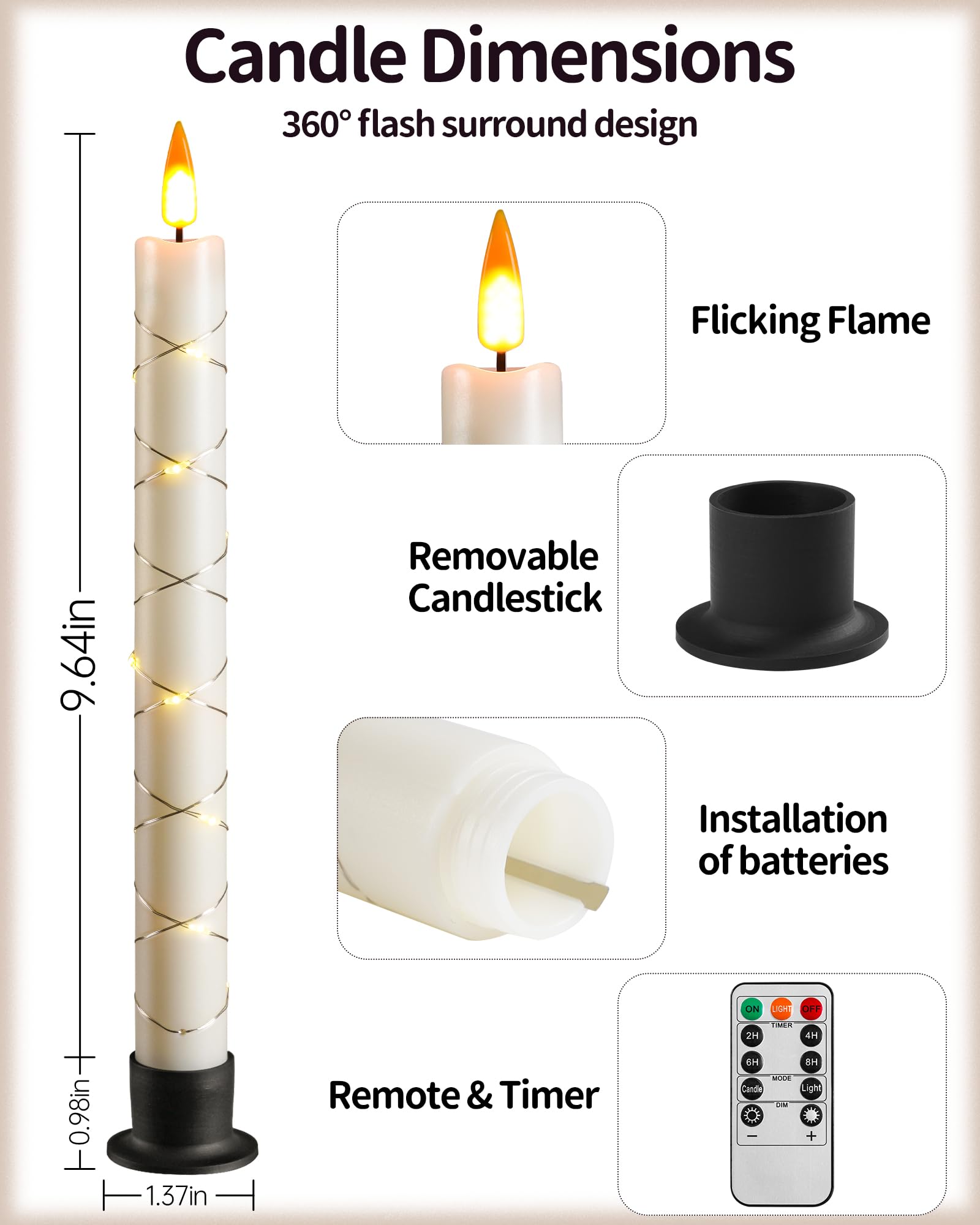 Da By Da 3 Pcs Flameless Window Candle With Remote And Timer, Battery Operated With String Lights, 9.6 Inch Christmas Candle With 3 Black Base For Home Decoration