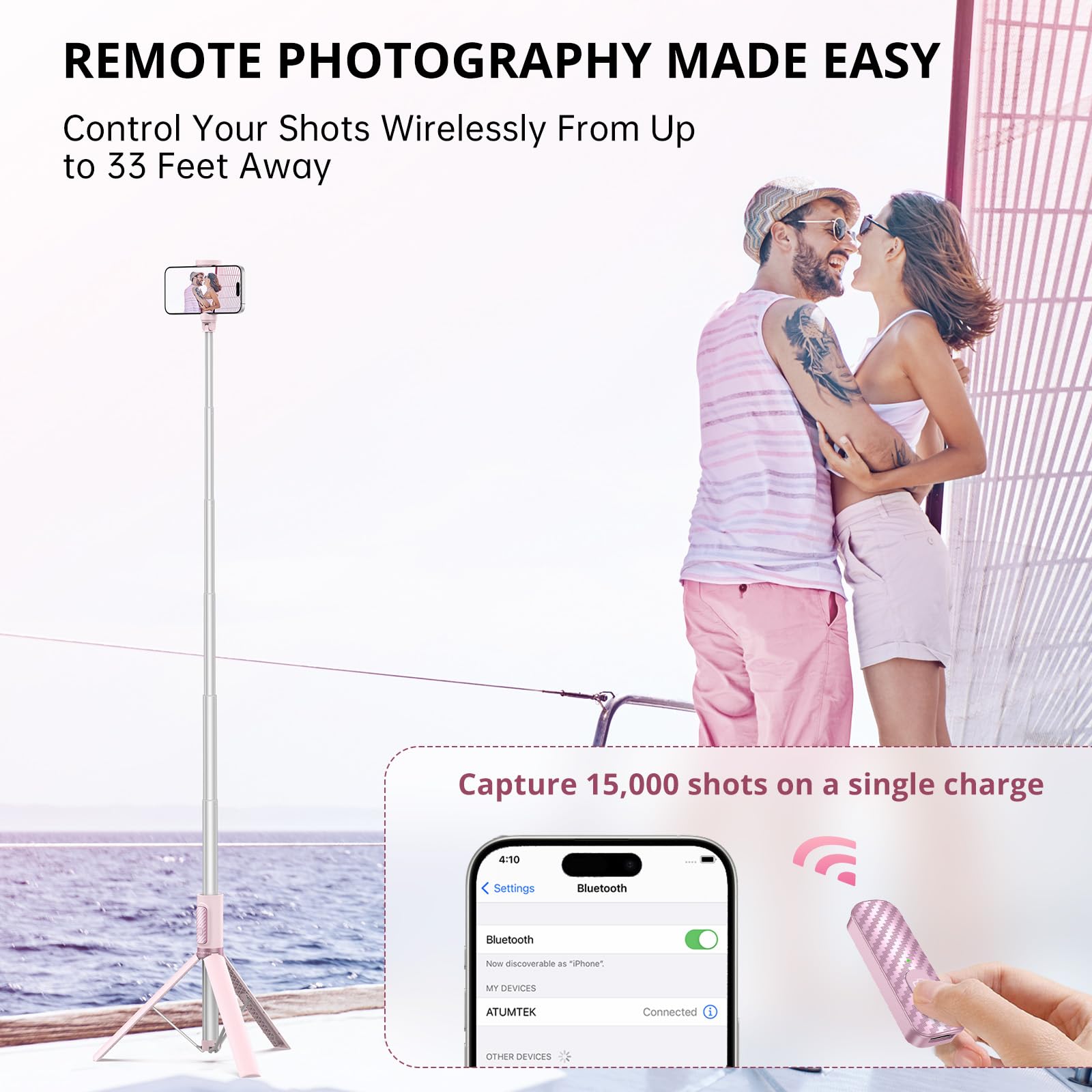 Atumtek 55" Selfie Stick Tripod, All-In-One Extendable Aluminum Phone Tripod With Rechargeable Bluetooth Remote For Iphone, Samsung, Google, Lg, Sony And More, Fitting 4.7-7 Inch Smartphones, Pink