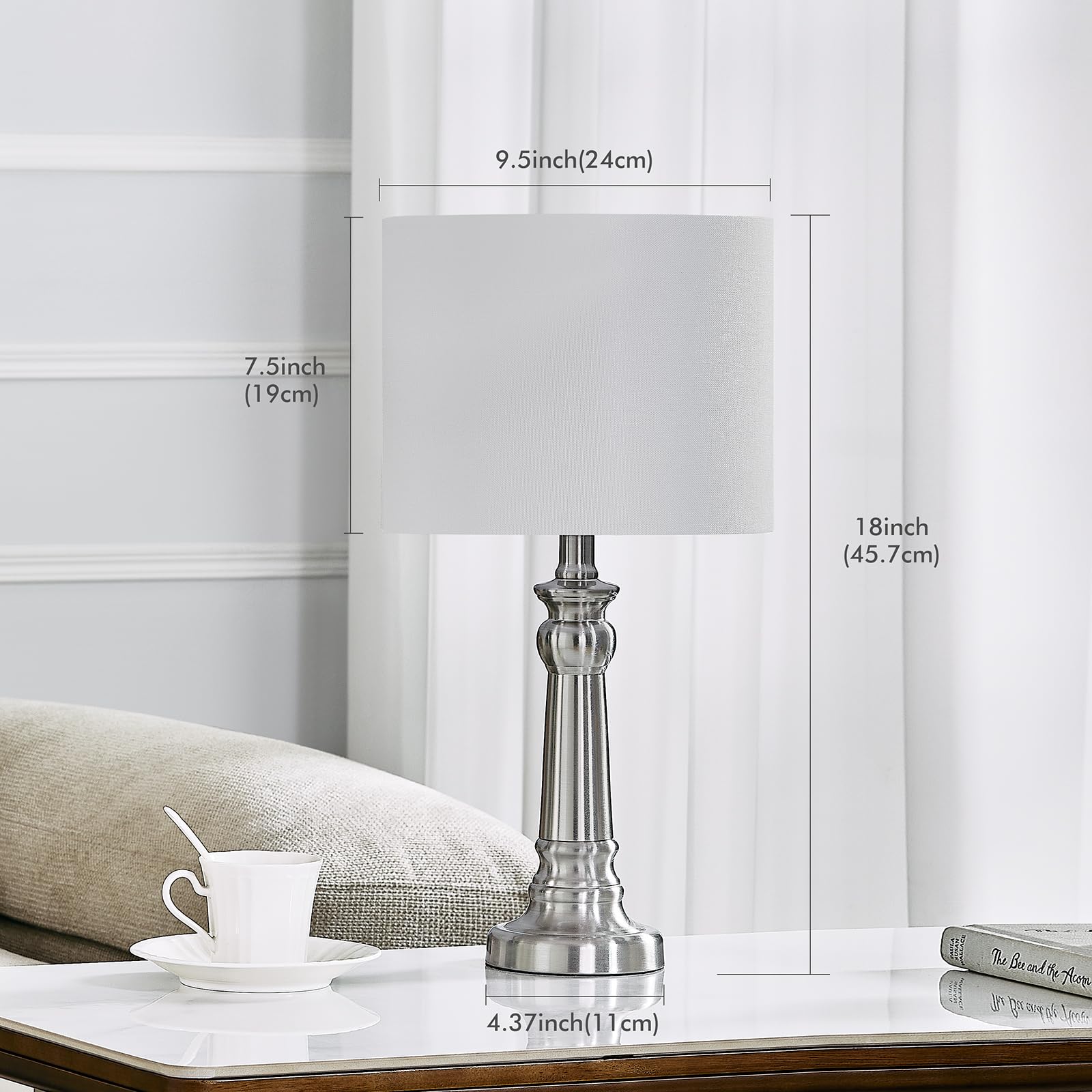 Ltgsrc Table Lamps For Living Room, Modern Bedroom Lamps Set Of 2 With Nickel Metal Base White Round Shades For Reading, Decor Silver Lamps For Night Stands, Led Bulbs Included