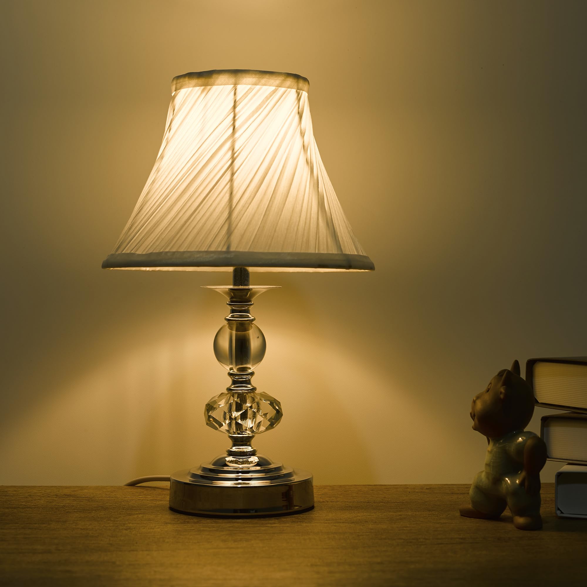 Sylw Small Modern Crystal Bedside Table Lamp, 7 X 7 X 12 Inch Electroplaetd Silver Base Table Lamp For Bedrooms And Office (White Pleated Bell Shape Shade)