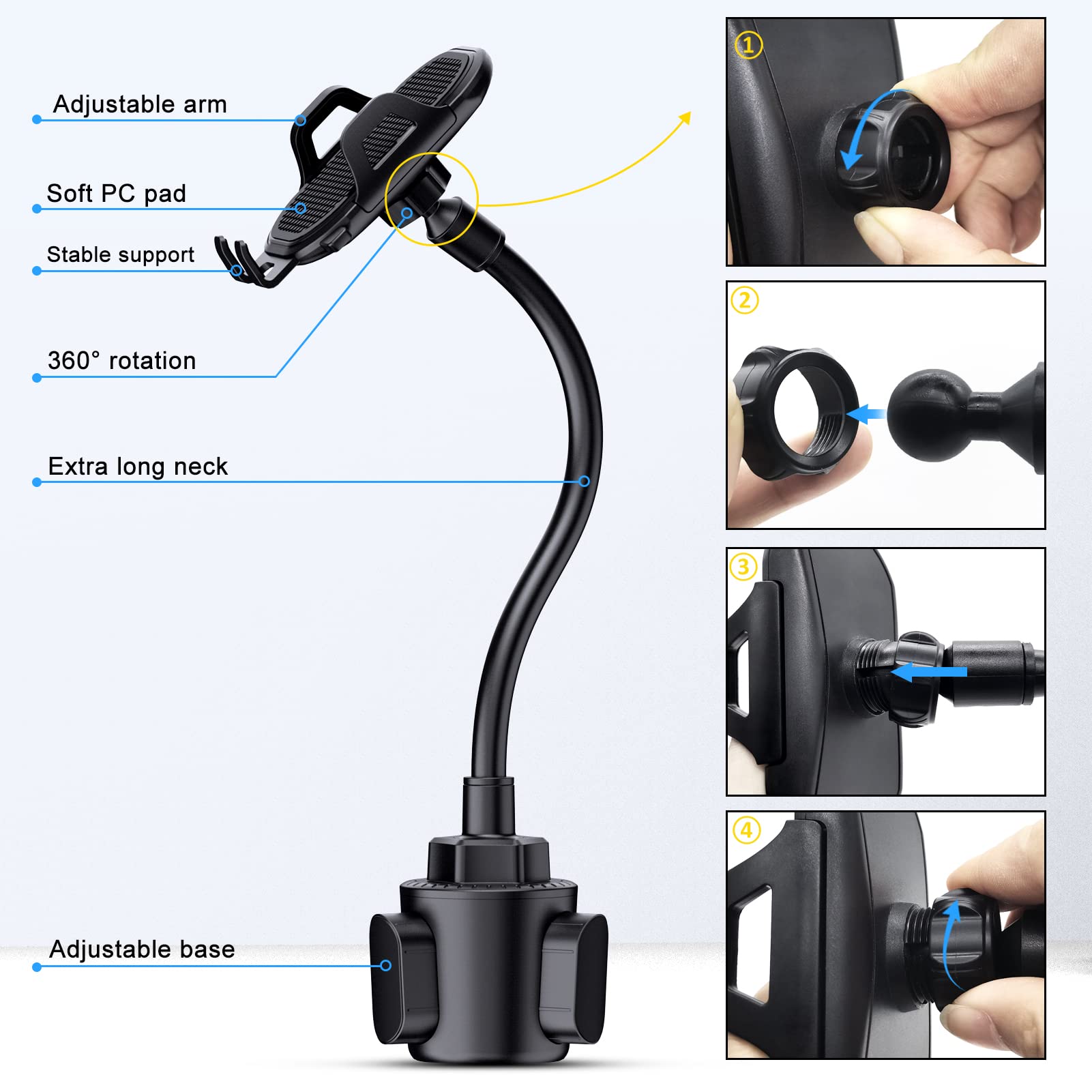 Lopnord Car Phone Holder Mount Cup Holder, Phone Mount For Car Compatible With Iphone 16 15 14 Pro Max/Samsung Galaxy S24 S23 S22 Ultra, Cell Phone Holder Car Flexible Gooseneck Phone Holder For Car