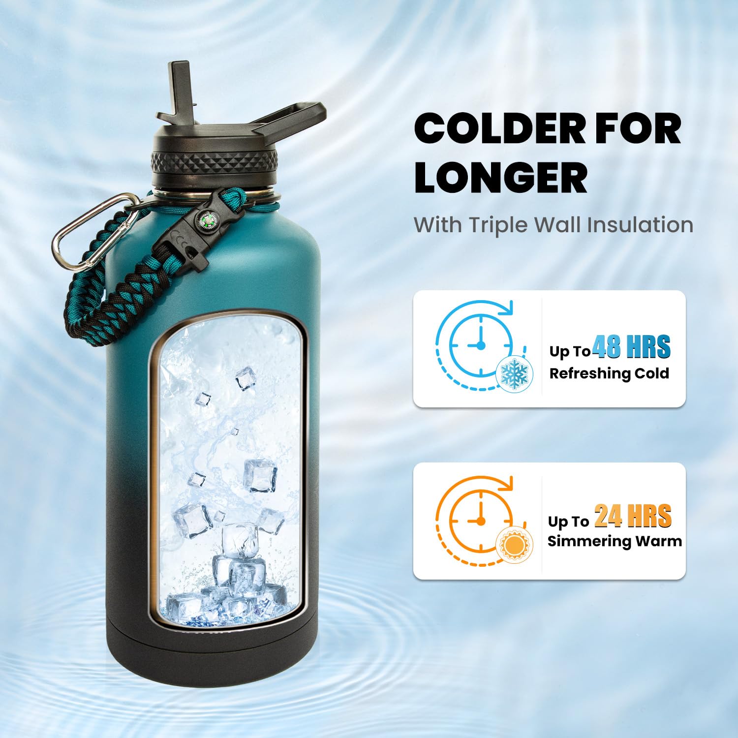 Insulated Water Bottle, Triple Wall Vacuum Stainless Steel (Cold For 48 Hrs), Leak Proof