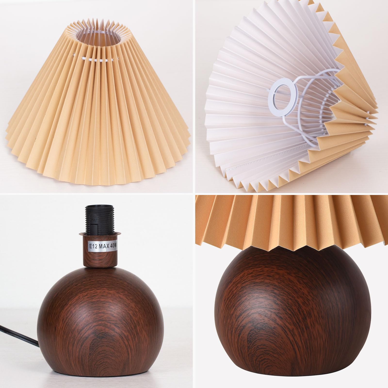 Kunjoulam Retro Pleated Table Lamp, Modern Bedside Nightstand Lamp With Brown Shade, 5.9” Metal Base For Bedroom, Home Office, Living Room, Kids Dorm Without Bulb