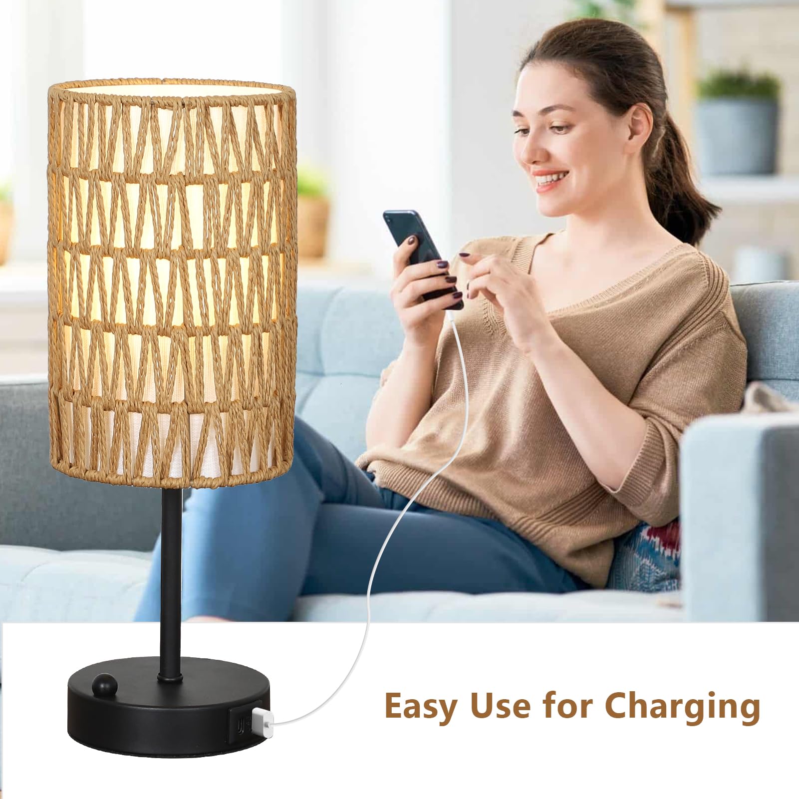 Eayaya Touch Table Lamp Set Of 2 For Bedroom With Bulb, Boho Small Desk Lamp For Living Room With Rattan & Linen Shade, 3 Way Dimmable Bedside Table Lamp For Nightstand With Usb Charging Port & Phone Stand