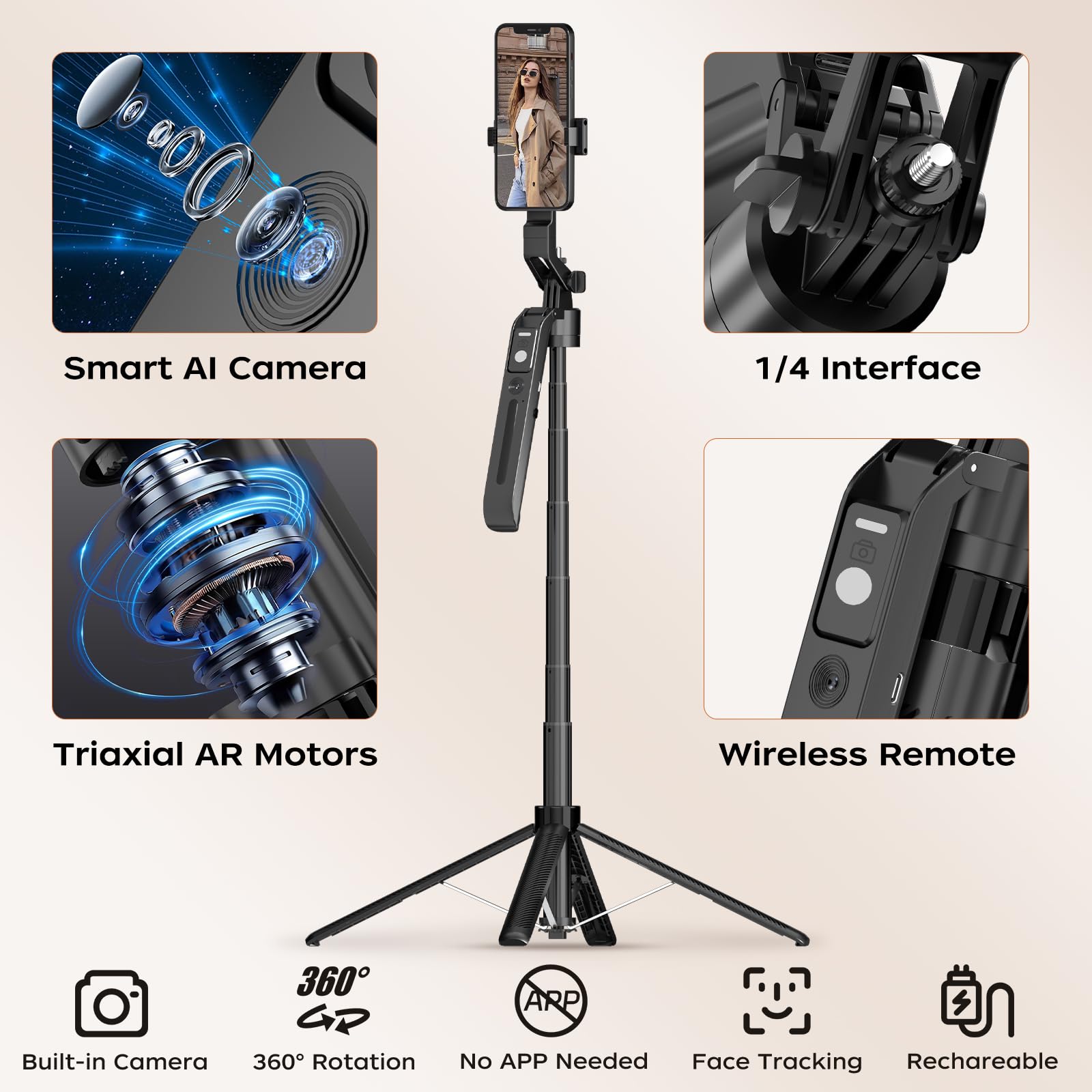 Funsnap Auto Face Tracking Selfie Stick - Extendable, Gesture Control Iphone & Android Tripod For Vlog, Live Streaming, Tiktok
