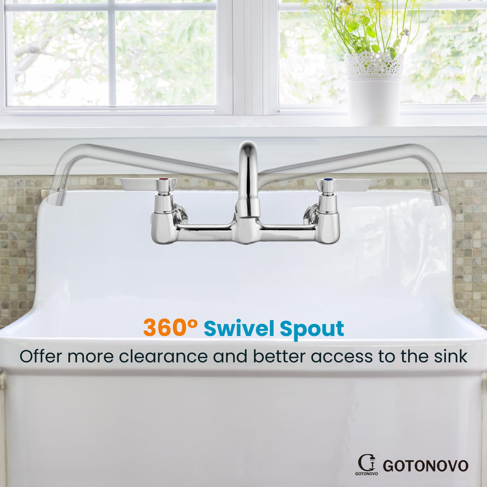 Gotonovo Wall Mounted Kitchen Sink Faucet 8 Inch Center Commercial Kitchen Faucet With 9" 360° Swivel Spout 2 Handles Restaurant Mixer Utility Tap Laundry Faucet Without Adapters, Polish Chrome