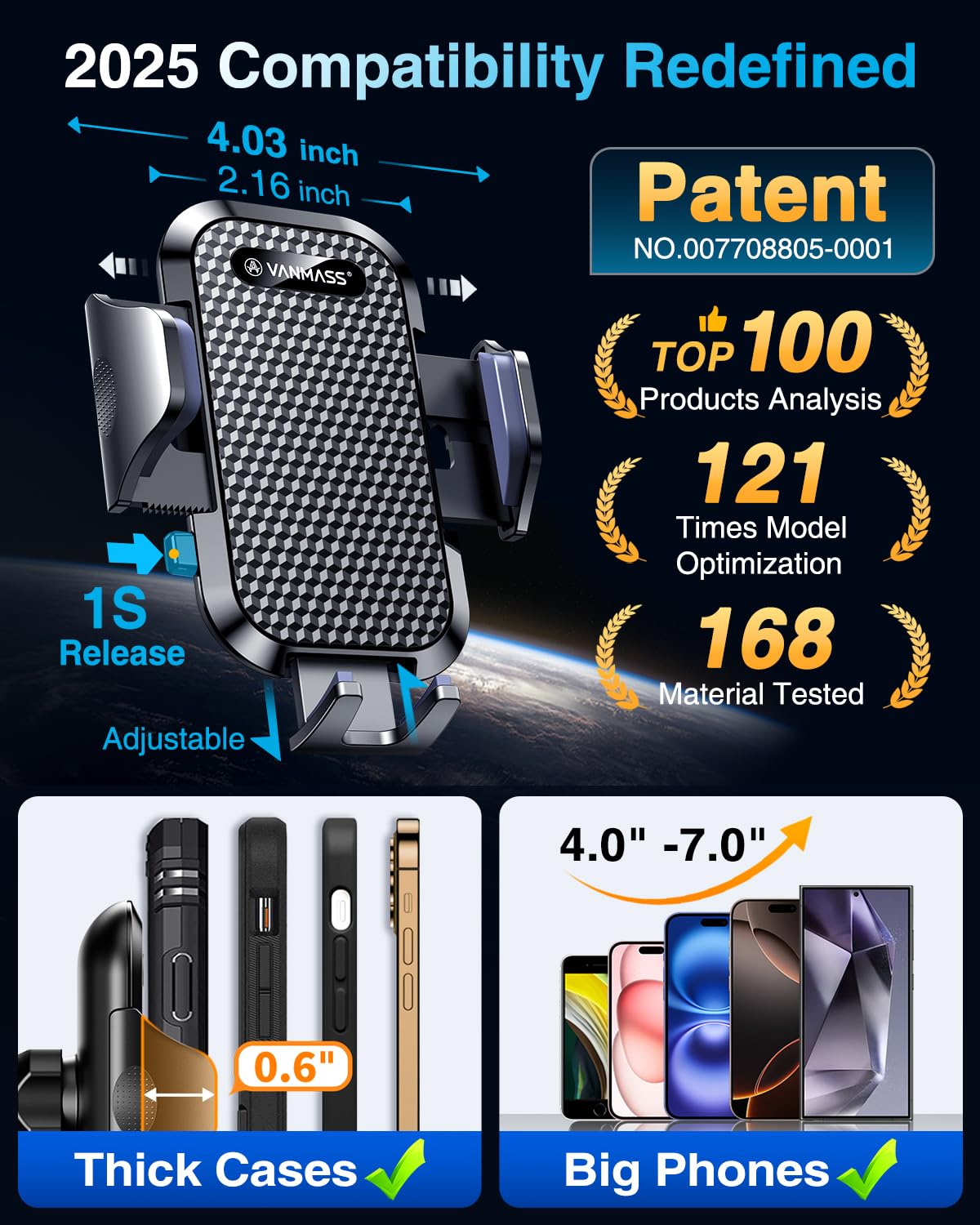Vanmass Car Phone Holder  Military-Grade Phone Holder For Your Car Windshield Dashboard【 65 Lbs Strongest Suction】【Patent & Safety Certs】 Universal Cell Phone Car Mount For Iphone Samsung Android