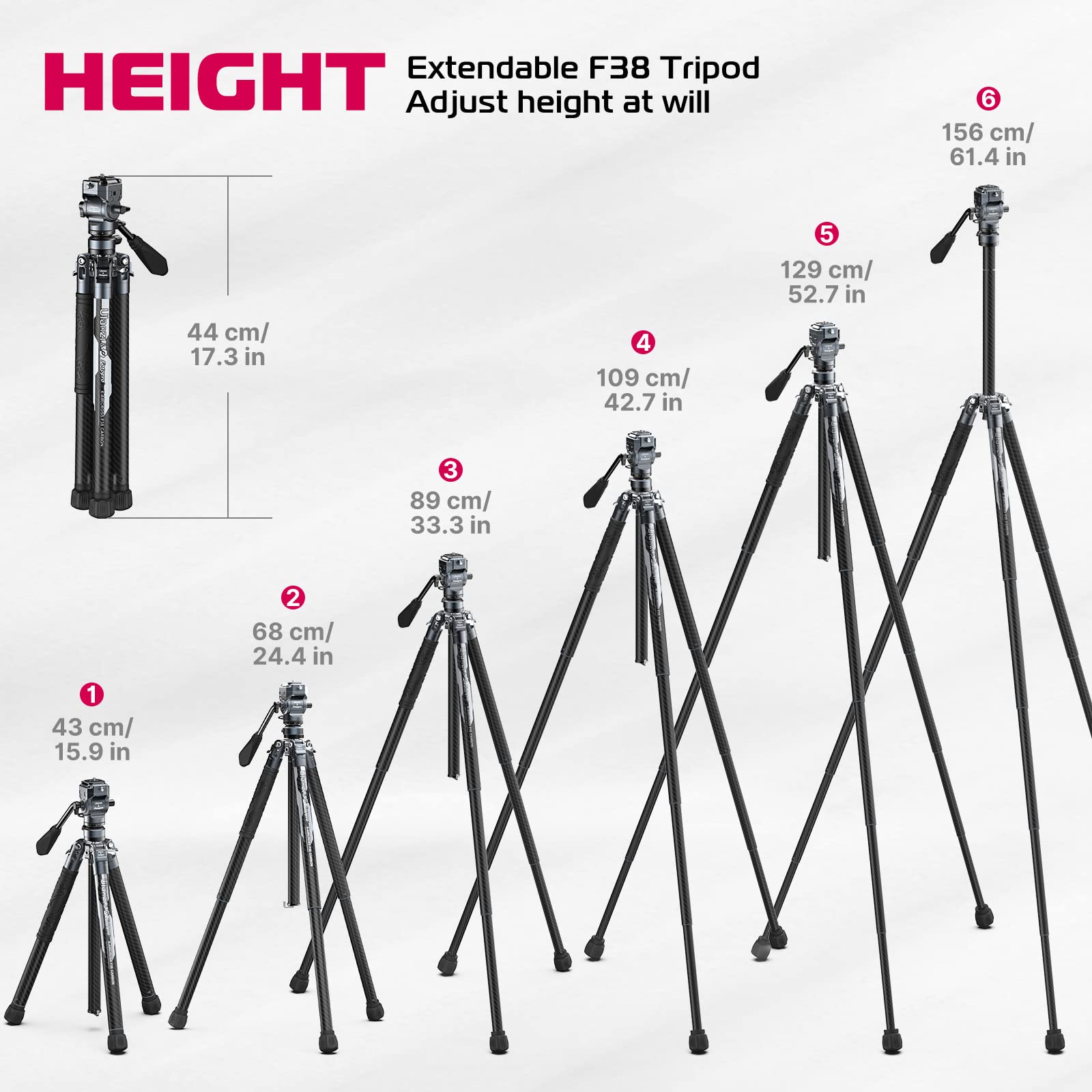 Ulanzi F38 Video Travel Tripod, 61.4" Lightweight Carbon Fiber Camera Tripod With Quick Release 1/4" Screw & Video Head, For Most Cameras/Dslr/Projector, Weight 2.38Lbs, Maxload 22Lbs