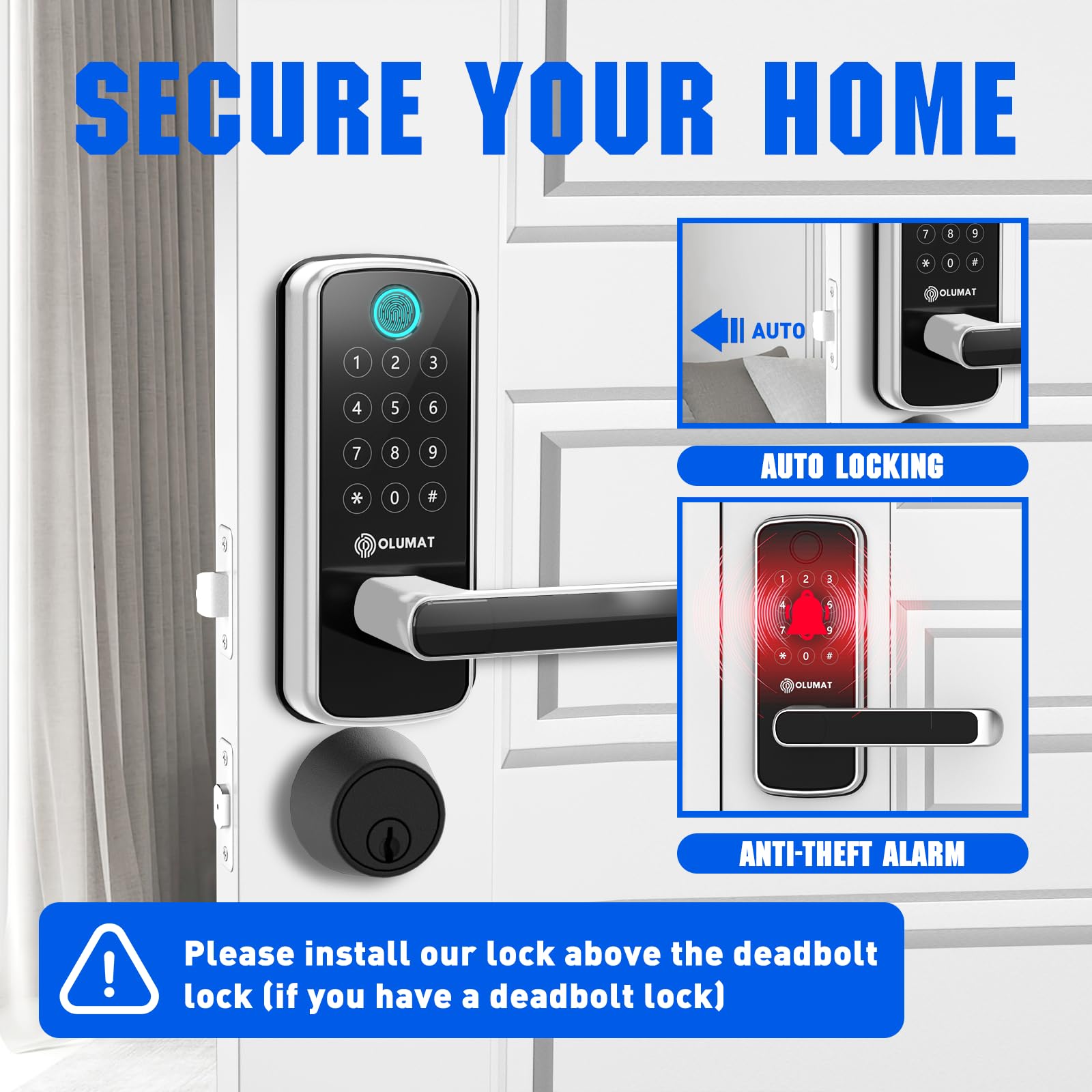 Olumat Smart Lock With Handle: Wi-Fi Keyless Entry Door Lock - Smart Locks For Front Door - Biometric Fingerprint Door Lock - Smart Door Lock With Keypad - Garage Door With App Control - Auto Lock