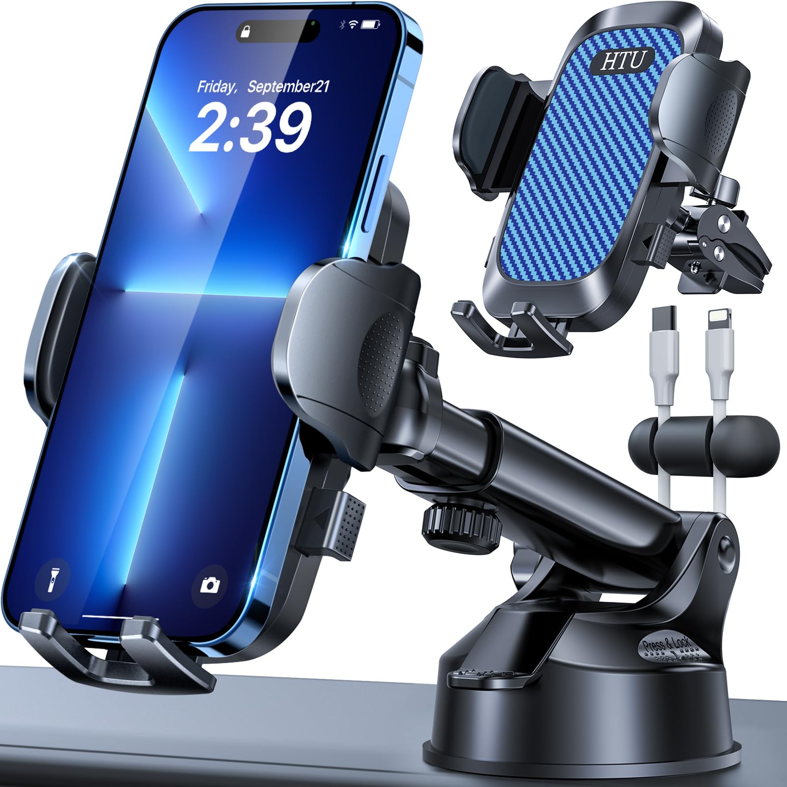 Htu  Best Car Phone Holder【Ultimate 5-In-1 &  100+Lbs Strongest Suction】【True Military-Grade & Safety Cert】 Windshield Phone Mount, Truck Dashboard Vent Stand For Iphone Android, Blue