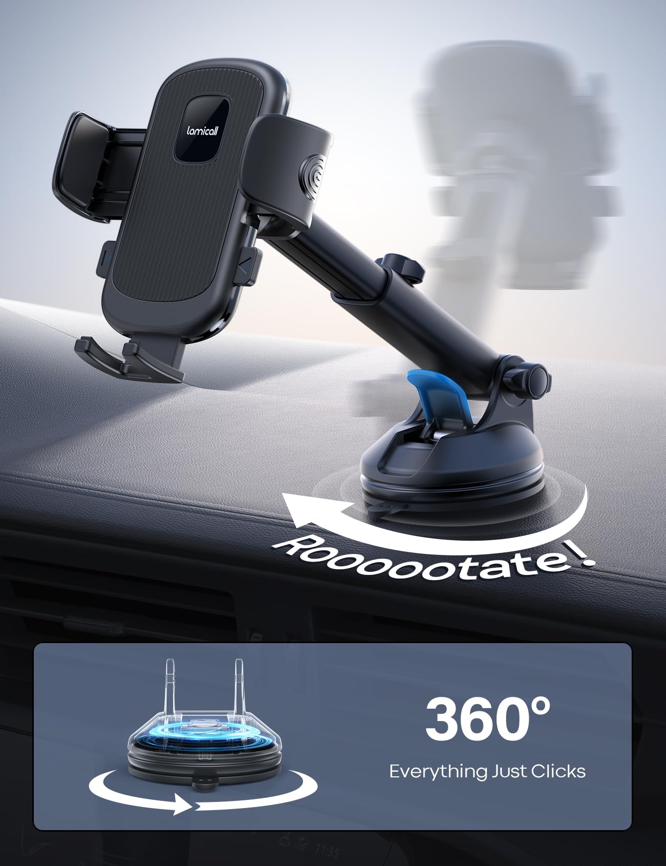 Lamicall Car Phone Holder - [Strongest Military-Grade Suction Cup] 360° Rotation Phone Holders For Your Car Quick Release Adjustable Car Phone Mount Dashboard For Iphone 16 Galaxy Smartphone Truck
