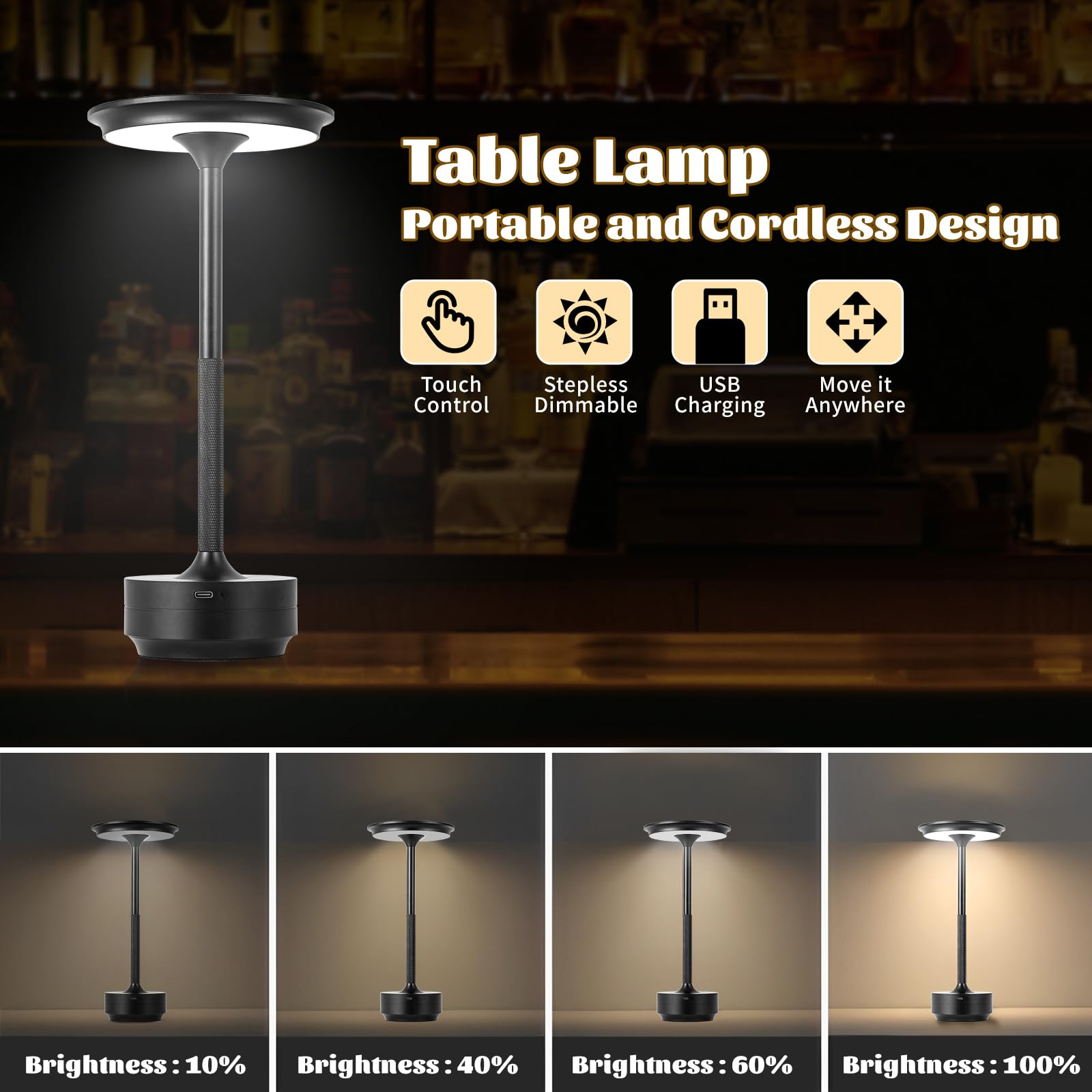 Baishezhuan Rechargeable Cordless Led Table Lamps Touch Sensor Light, 3-Levels Portable Dimming Wireless Battery Operated Lamp，Nightstand Lamp/Night Light/Restaurant Table/Outdoor/Coffee/Bar (Black)