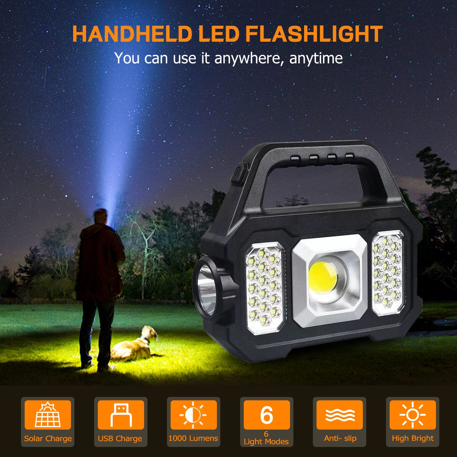 Sjpro Solar Handheld Flashlight With Usb Cable, 6 Modes Rechargeable Multifunction Lights Super Bright Led Searchlight, Lightweight Waterproof Portable Spotlight For Fishing Outdoor Camping Emergencies