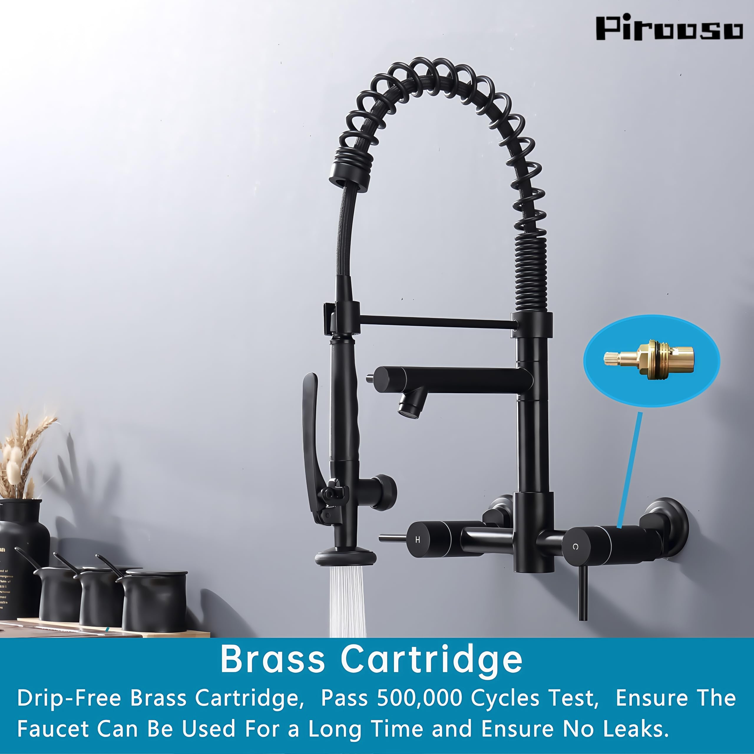 Pirooso Commercial Wall Mount Kitchen Faucet With Pre-Rinse Sprayer & Pot Filler - 8-Inch Center High Arc Spring Faucet With Two Handles - Modern Black Finish For Kitchen Sinks