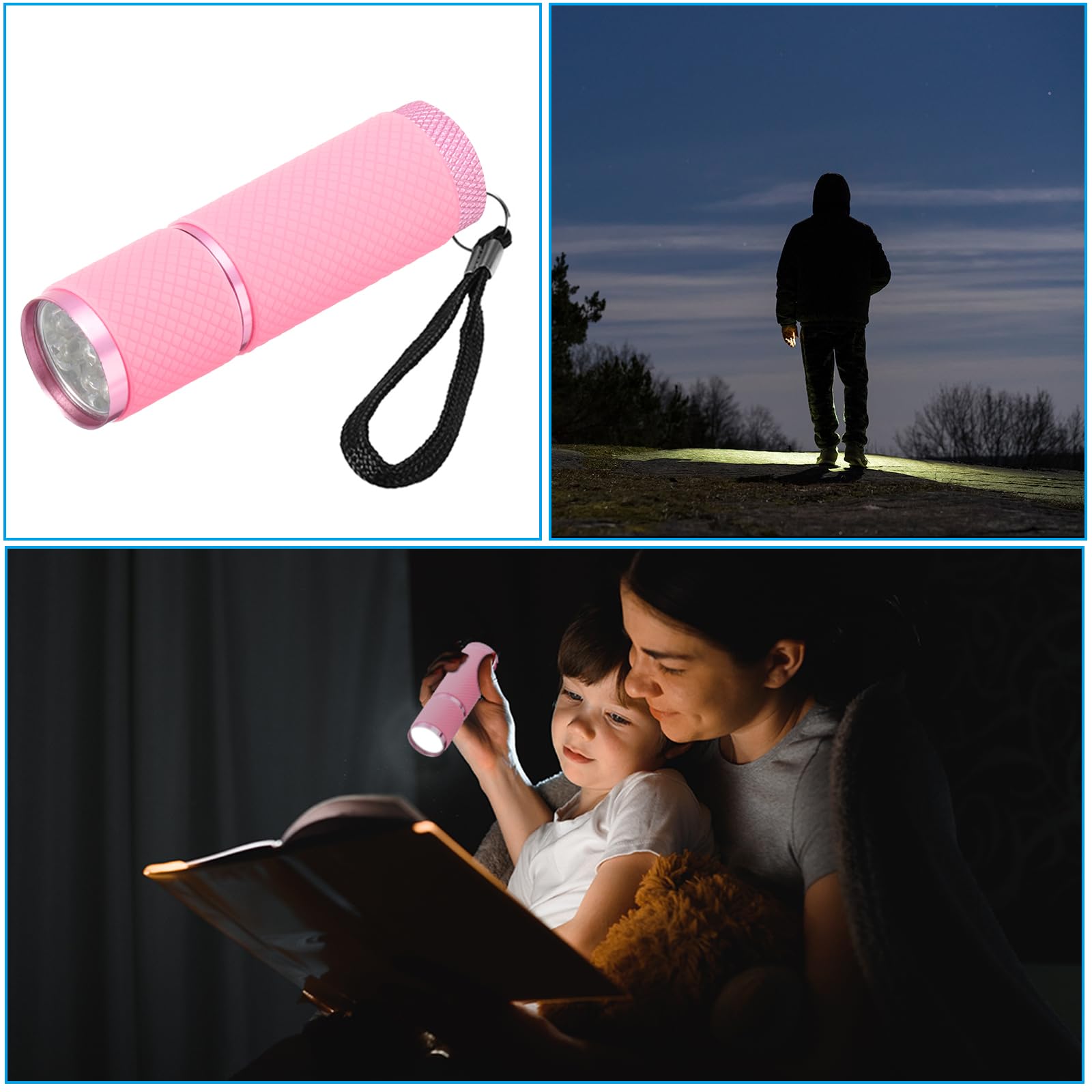 Patikil 9 Led Glow In Dark Flashlights, Mini Aluminum Flashlight Rubber Coated Flashlight With Strap For Camping, Hiking, Party, Pink