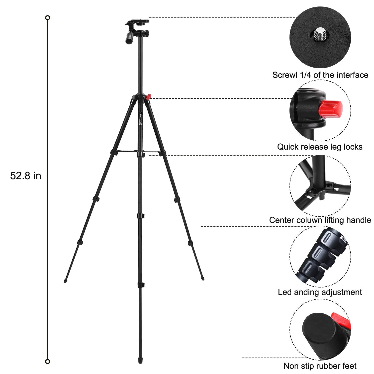 Teefeet Tablet Tripod 53 Inch Tripod For Ipad Aluminum Smartphone Tripod For Iphone Ipad Pro Camera Mobile Phone Lightweight Travel Selfie Stand Tripod Black