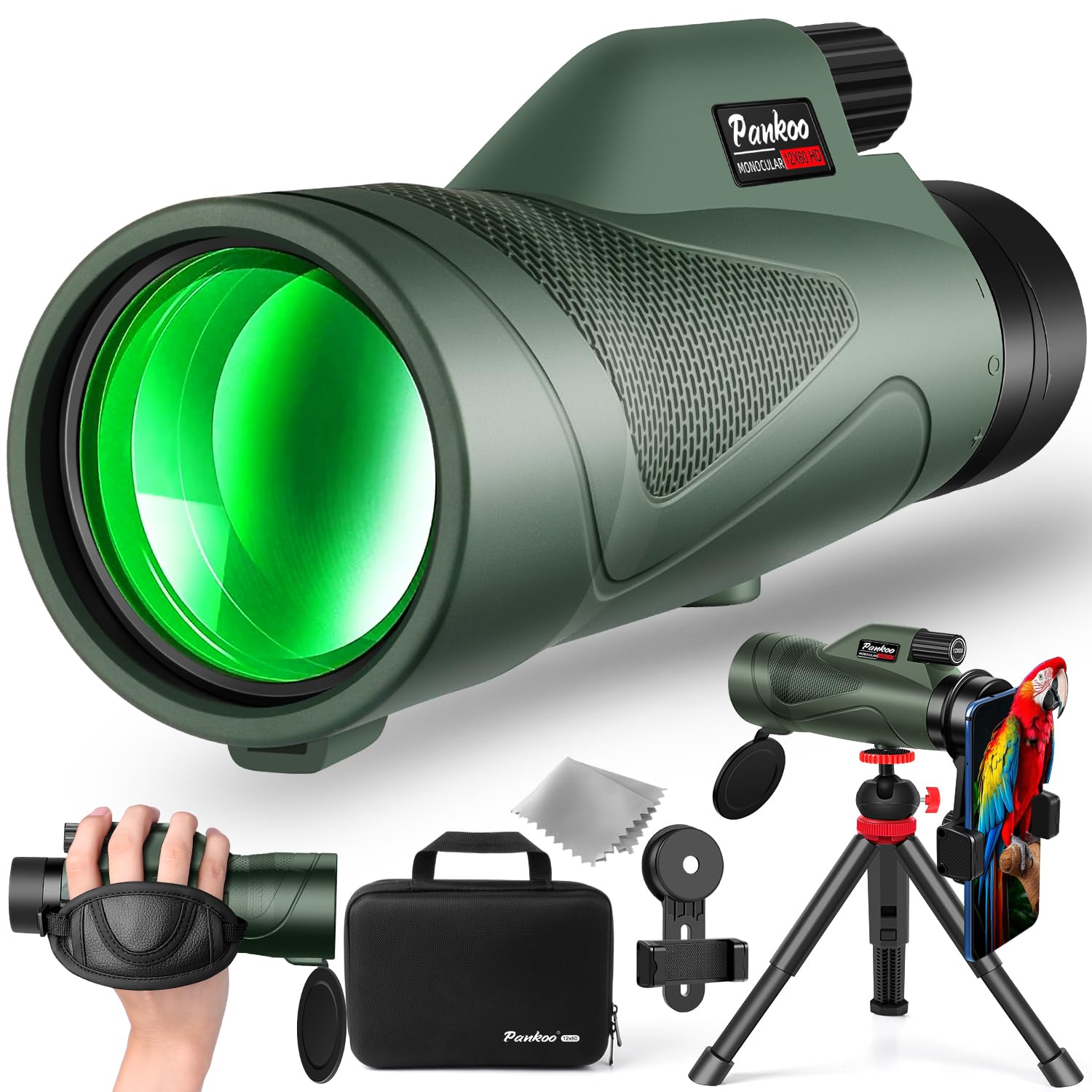 Pankoo 12X60 Hd Monocular Telescope For Adults With Smartphone Adapter Tripod Hand Strap - High Power Monoculars Equipped With Large Bak4 Prism & Fmc Lens - Suitable For Bird Watching Sports Hiking Traveling