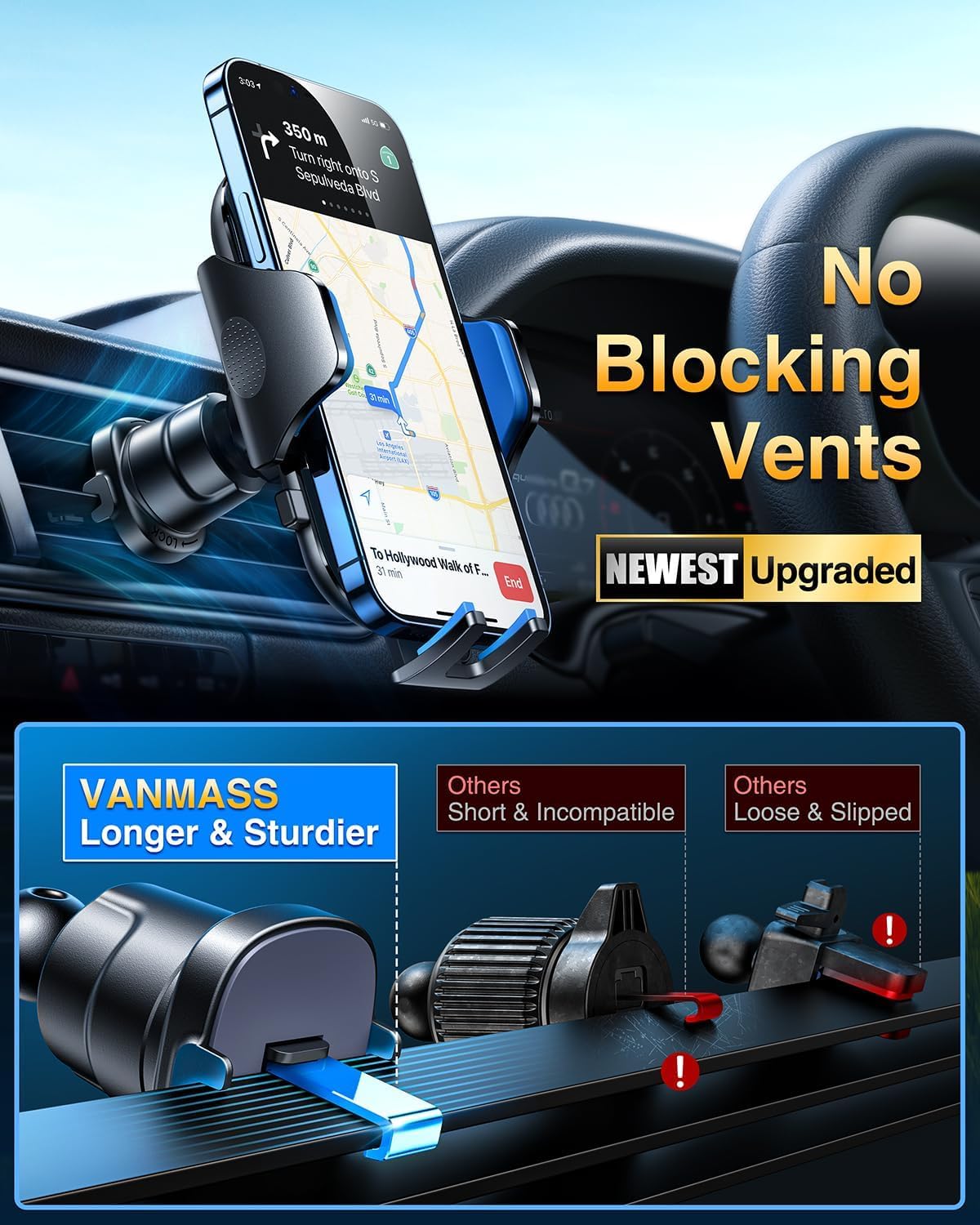 Vanmass Car Phone Holder  Ultimate Military-Grade Phone Holder For Your Car Windshield Dashboard【est Best Strongest】 Cell Phone Car Mount With Patent & Safety Certs For Iphone Samsung Android
