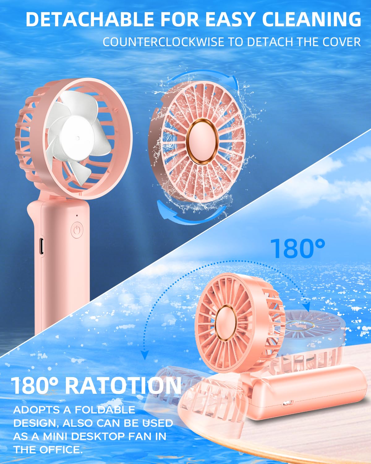 Portable Handheld Fan, Mini Desk Fan Foldable 2000Mah, 180° Ratotion, 3 Speeds, Ultra Quite