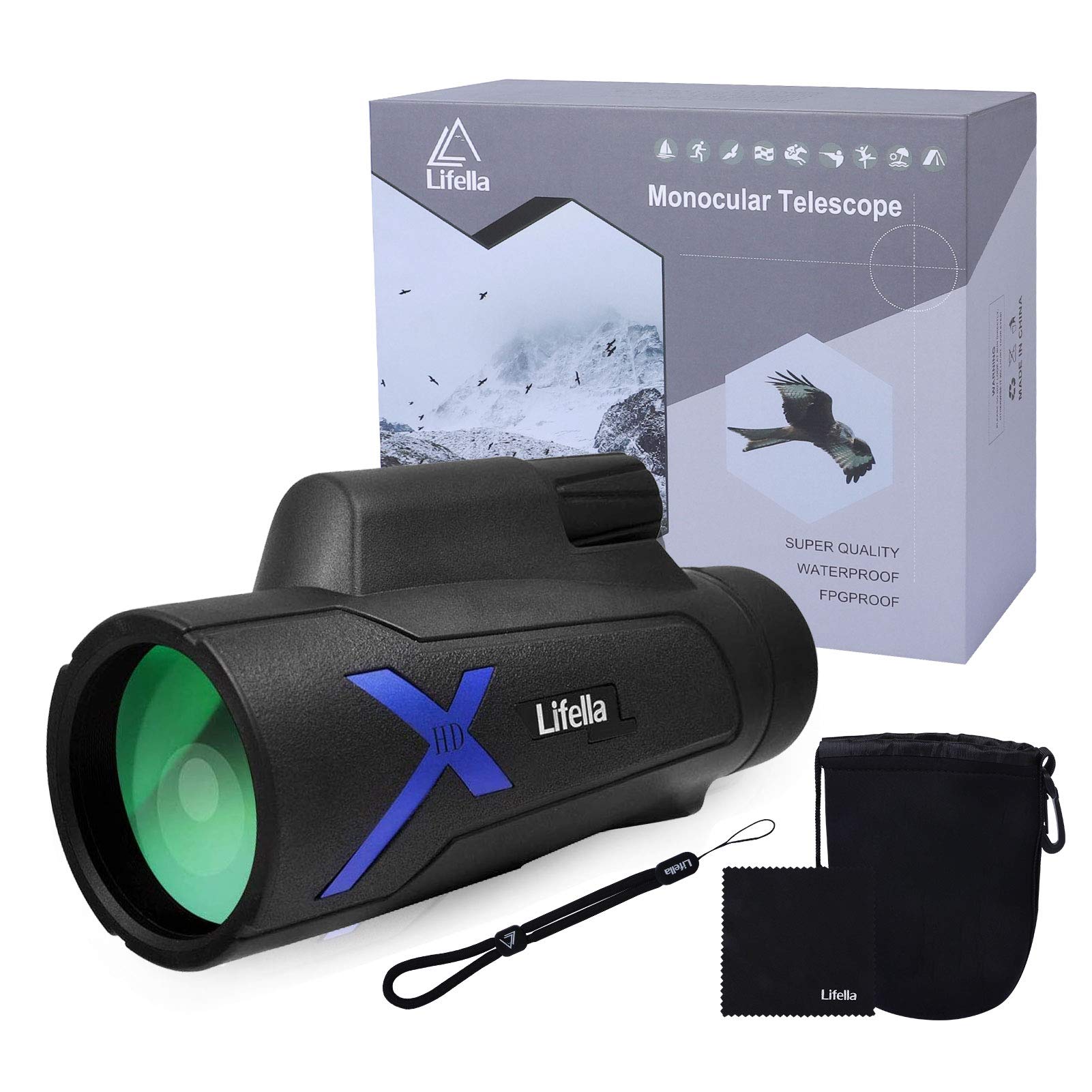 Lifella 12X50 High-Power Monocular Telescope With Portable Bag - Ideal For Bird Watching, Hunting, Hiking, Camping - Large Vision With Bak4 Prism And Fmc Lens Technology, Black