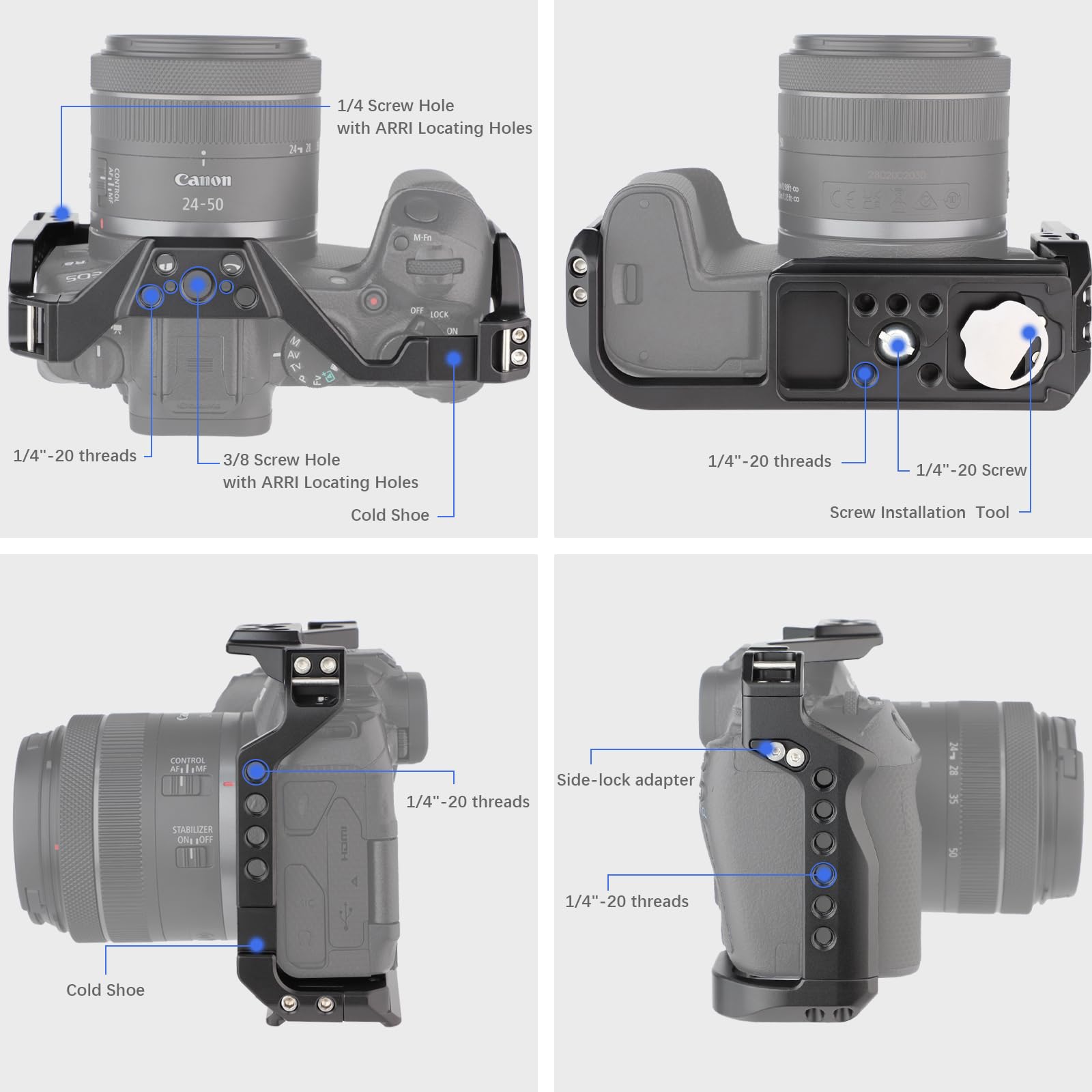 Leftfoto Camera Cage For Canon R8 - Camera Protection Frame Rig For Eos R8 With Arca Base,Cold Shoe,Strap Slot,1/4 3/8 In Screw Holes,Compatibility With Dji Rs2 3 Stabilizer- For Vlog Video Shooting