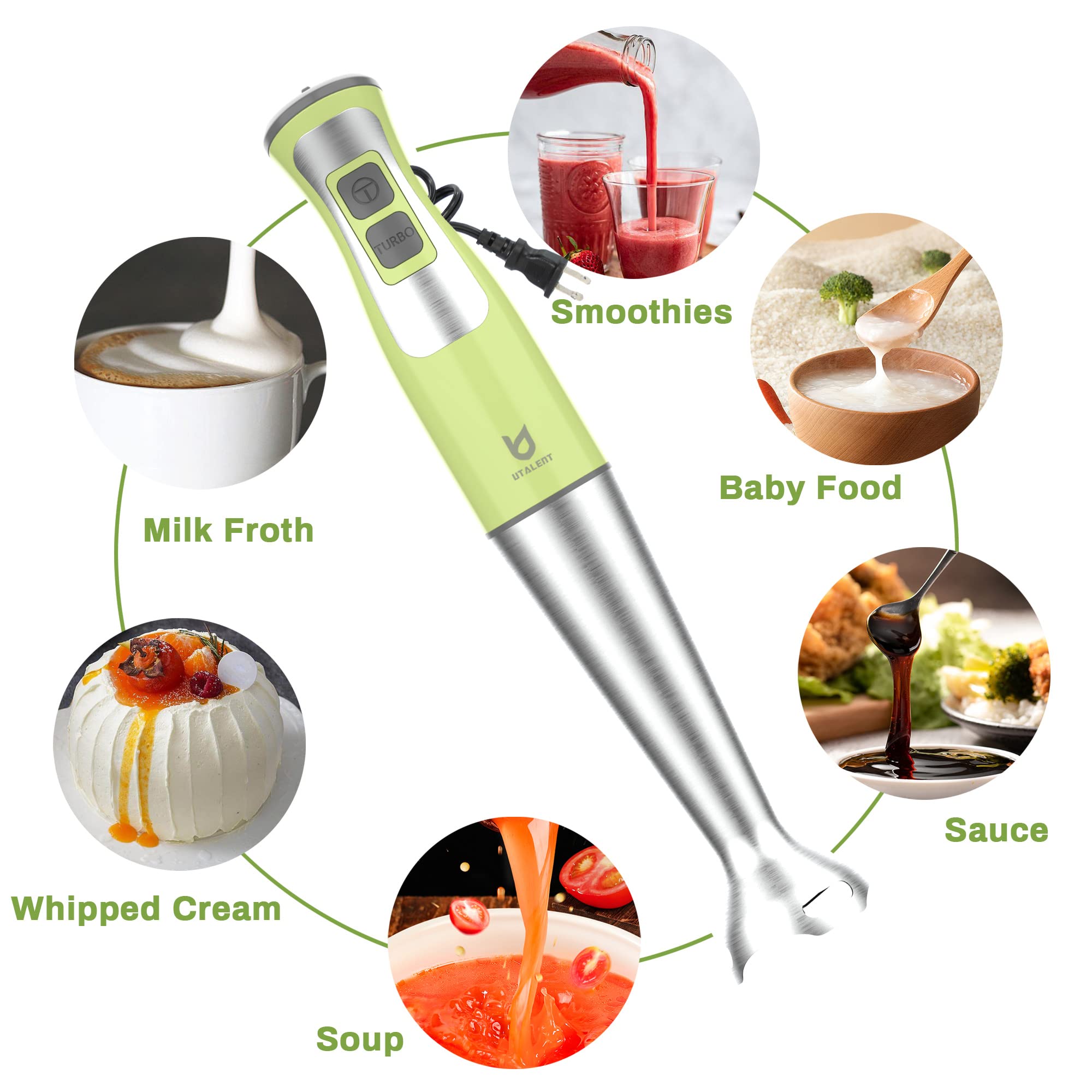 Utalent Immersion Hand Blender, 5-In-1 8-Speed Stick Blender With 500Ml Food Grinder, Bpa-, 600Ml Container,Milk Frother,Egg Whisk,Puree Infant Food, Smoothies, Sauces And Soups Green
