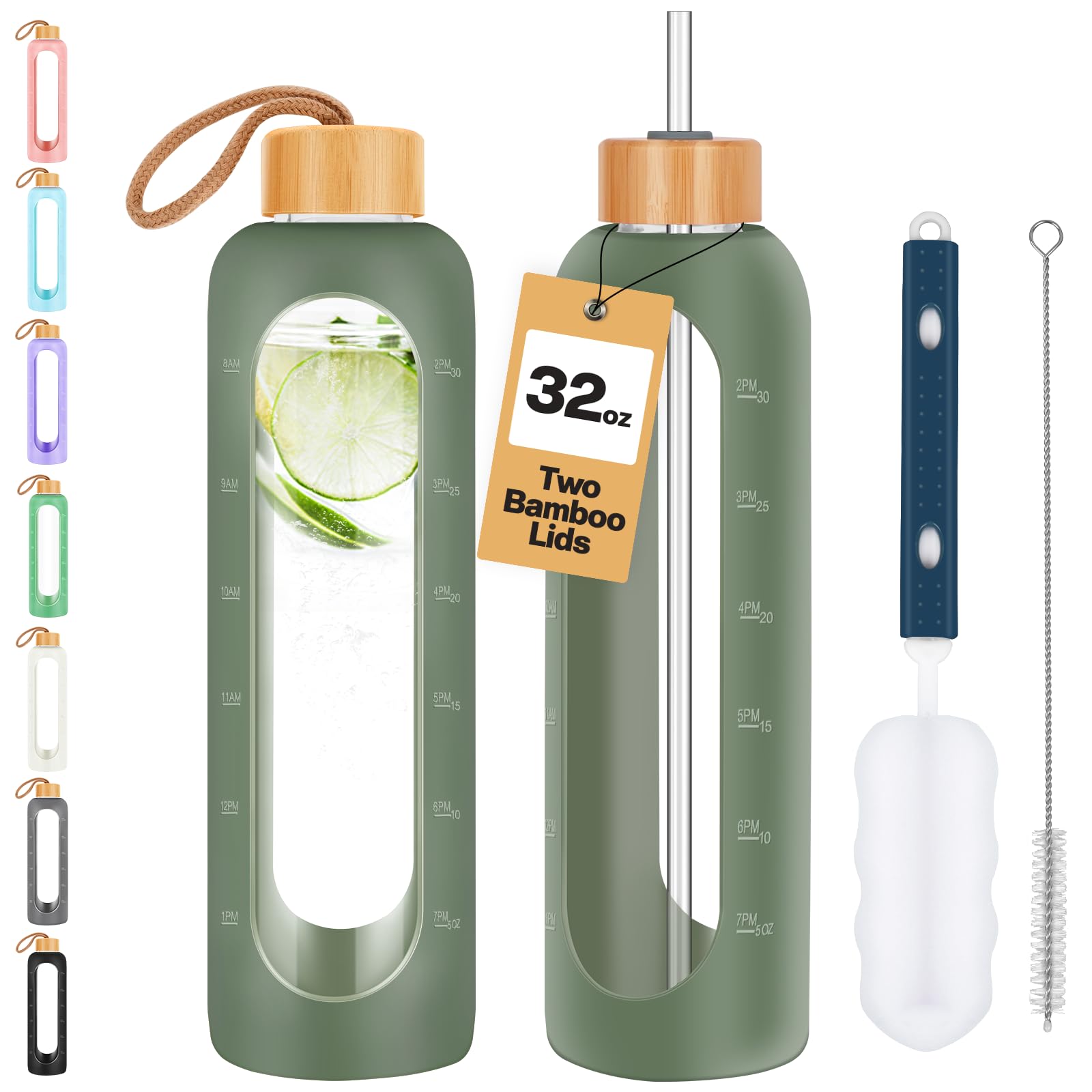 Glass Water Bottles 32 Oz - Motivational Drinking Glass Water Bottle With Silicone Sleeve, Straw