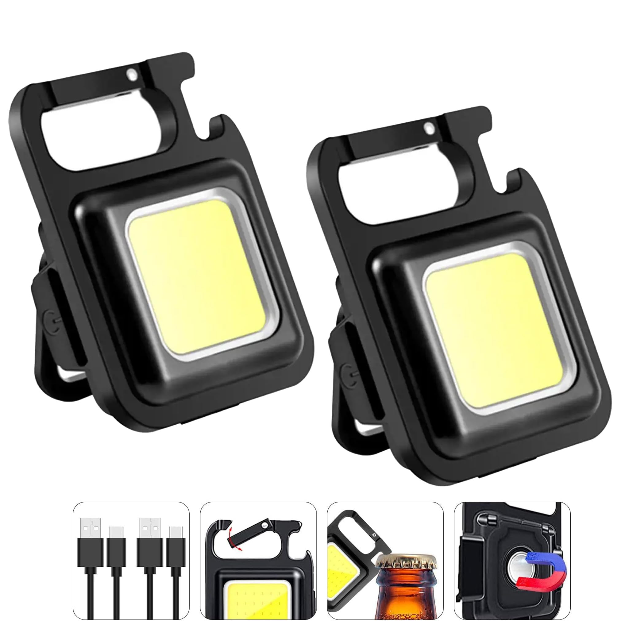 Nyccs 2-Pack Cob Keychain Flashlight With 4 Modes, 800 Lumens Magnetic Base, Bottle Opener, Emergency Camping Light, Water-Resistant Outdoor Floodlight For Fishing