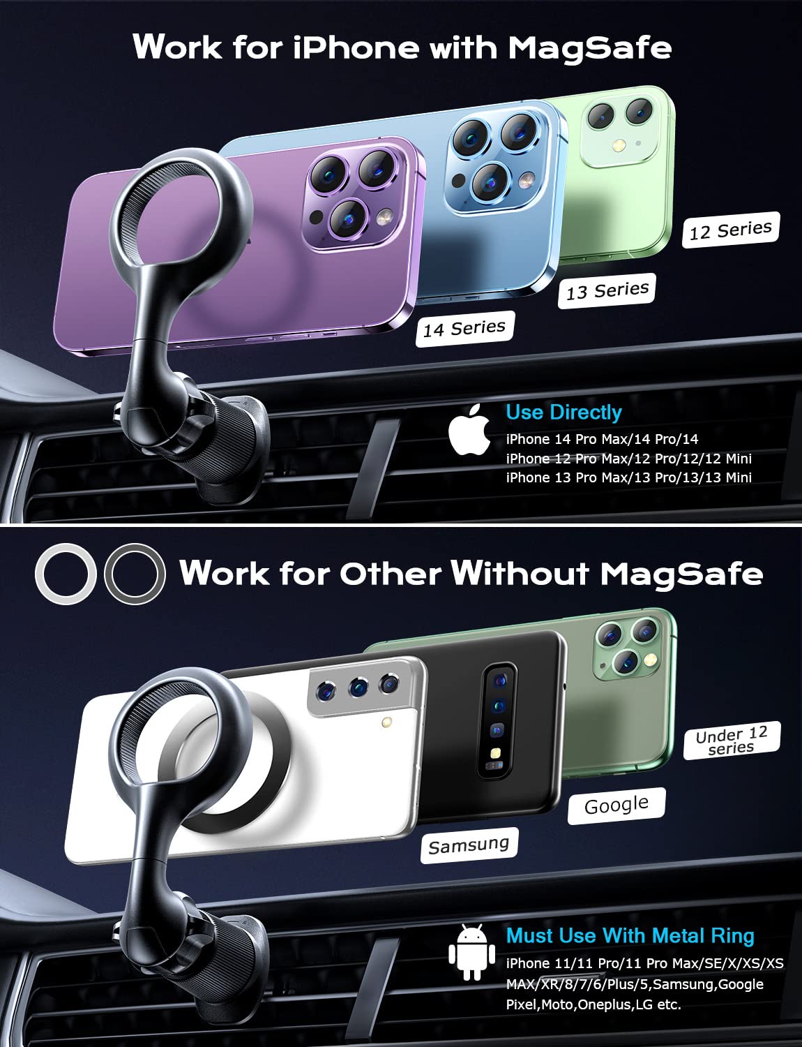 Tazeni Magnetic Car Mount For Iphone 14 Pro Max - 10X Stronger Magnet, 1080 Adjustable & Flexible, Never Block Your Vent, Exclusive Dual-Triangle Hook, Easy Use In 0.01S
