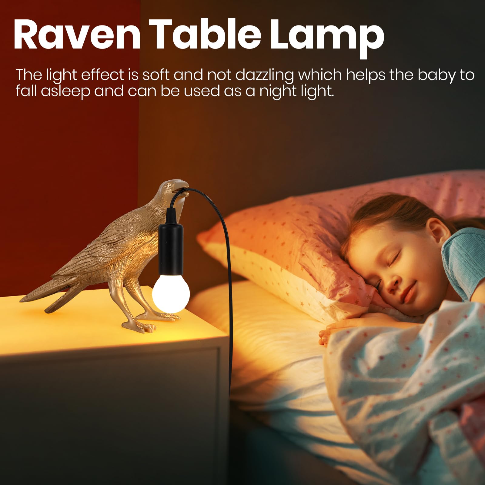 Ovanus Crow Lamp - Raven Lamp Adjustable Brightness With Bulb, Gothic Crow Lamp，Raven Light Decor For Bedside Bedroom Living Room Deco - Gold
