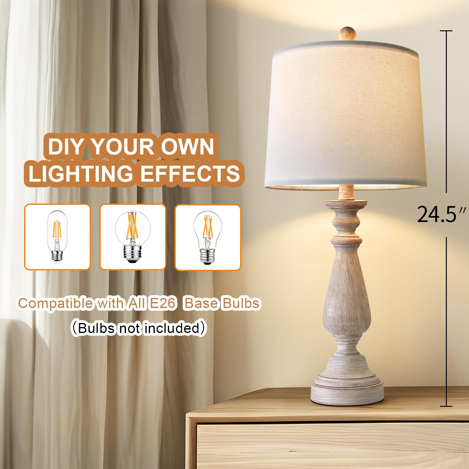 Portres 24.5" Mid Century Single Table Lamp For Living Room Farmhouse Linen Bedside Lamps For Bedroom Kids Room Dorm Office Rustic Lamps For End Table Nigntstand Resin