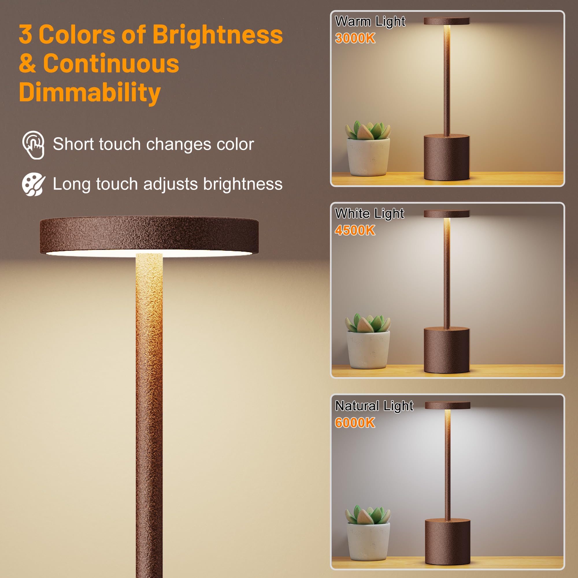 Willdoak Cordless Led Table Lamp Rechargeable - 5000Mah Portable Battery Operated Table Light - Outdoor Waterproof Dimmable Table Lamps For Bar Patio Dining Restaurant (Rust)