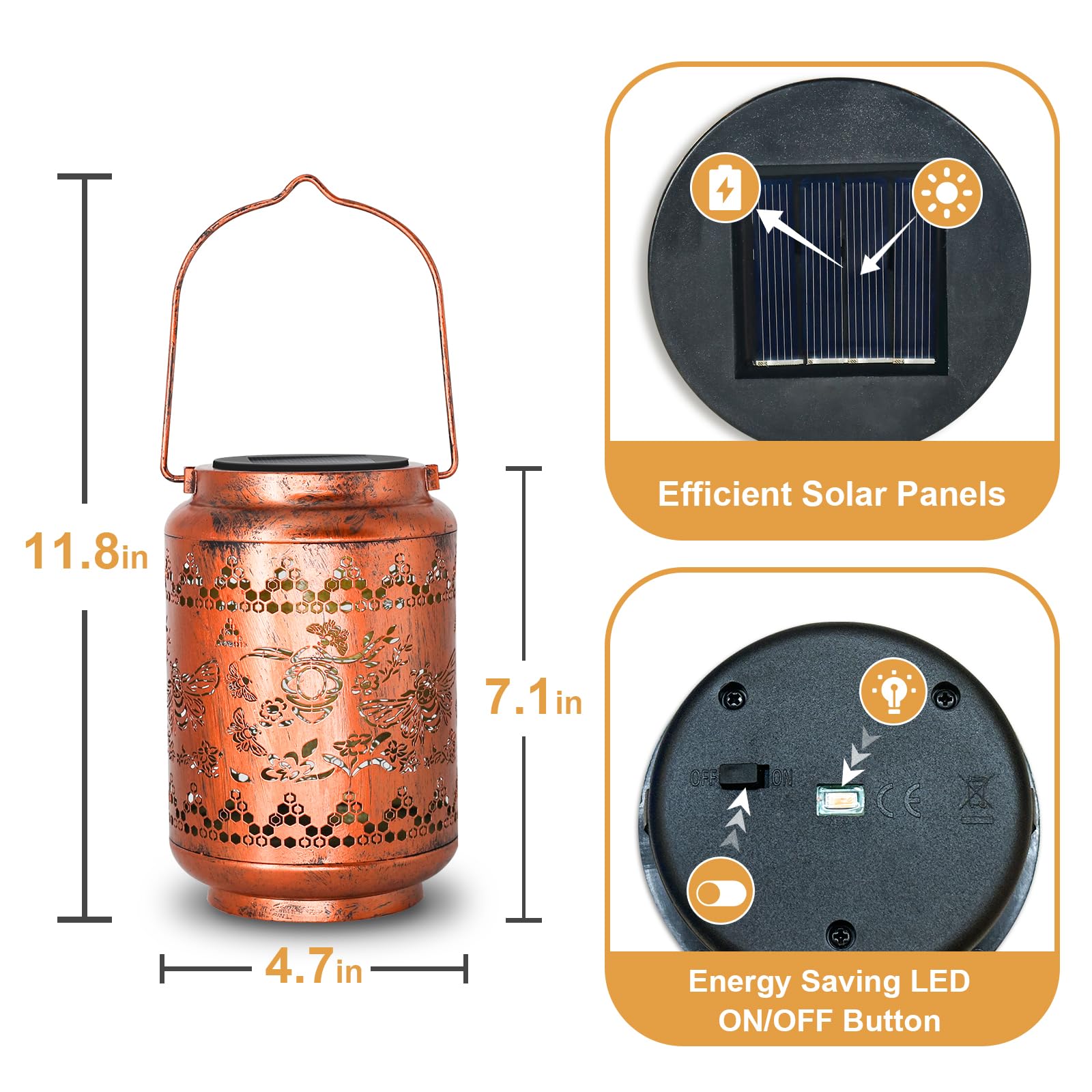 Joinow Solar Lanterns Outdoor Bee Metal Waterproof Garden Decor Christmas Birthday  For Women Mom Grandma Decorative Led Hanging Solar Lights Outside For Yard, Patio,Backyard,Landscape