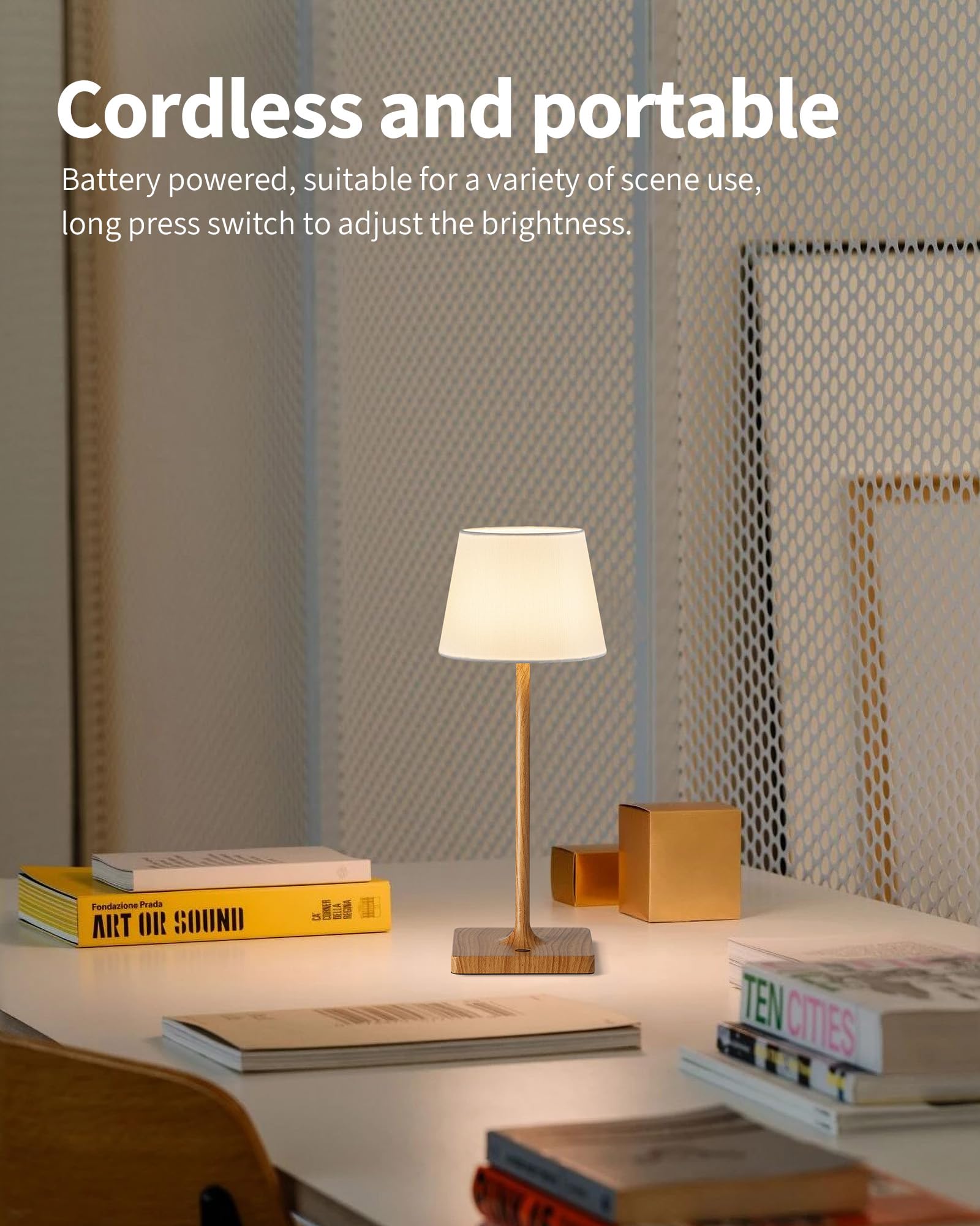 Newsee Cordless Touch Table Lamp Set Of 2, 4000Mah Rechargeable Battery Powered Dimmable Led Desk Lamps Fabric Lampshde, Baby Night Light For Restaurant, Dinning, Bedroom (Wood Grain 14.5")