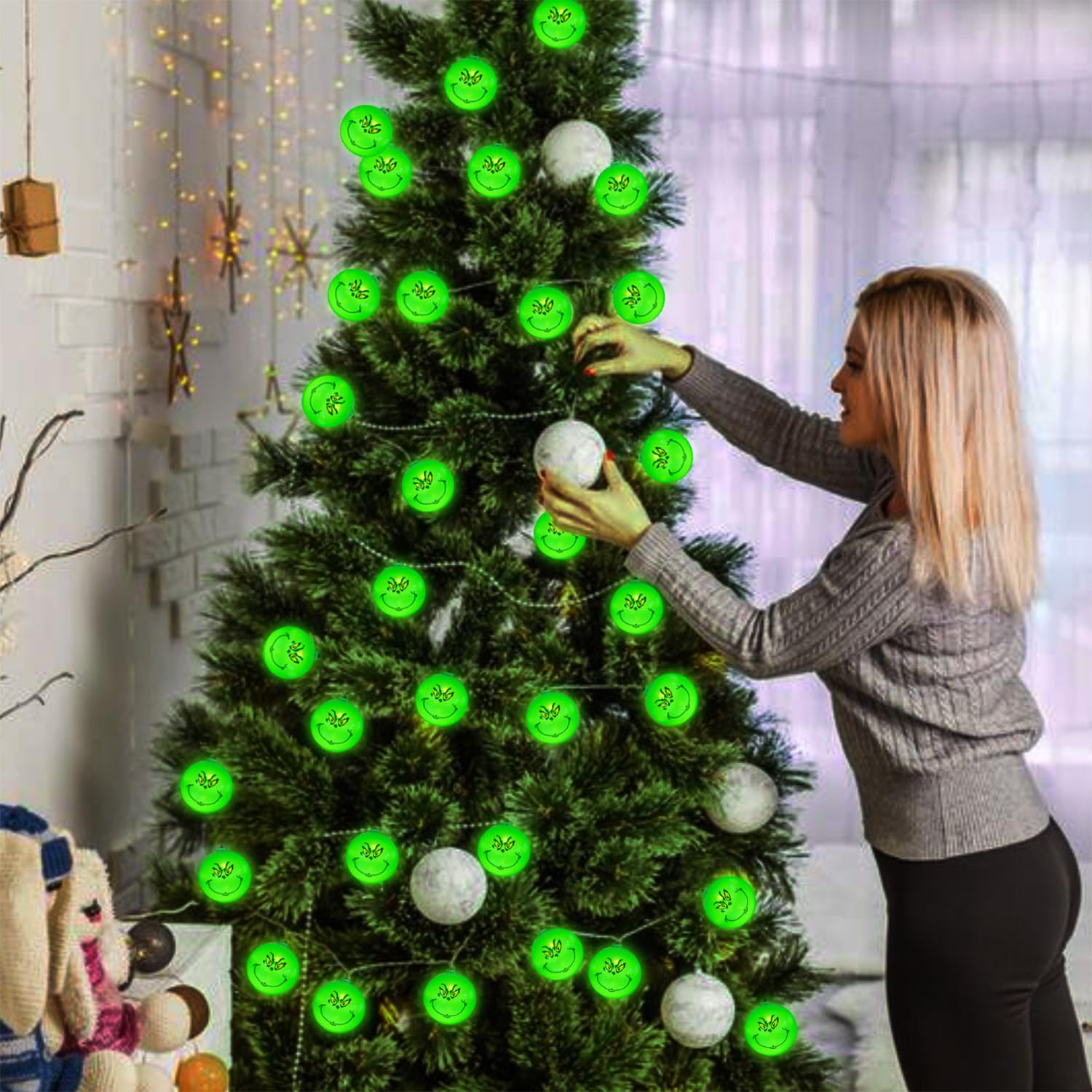 Lushangshou Outdoor Grinch Christmas Decorations Solar Christmas Lights, 20 Led 16Ft Waterproof Grinch Christmas String Lights For Christmas Tree Outside Garden Patio Yard Garland Holiday Party Decor