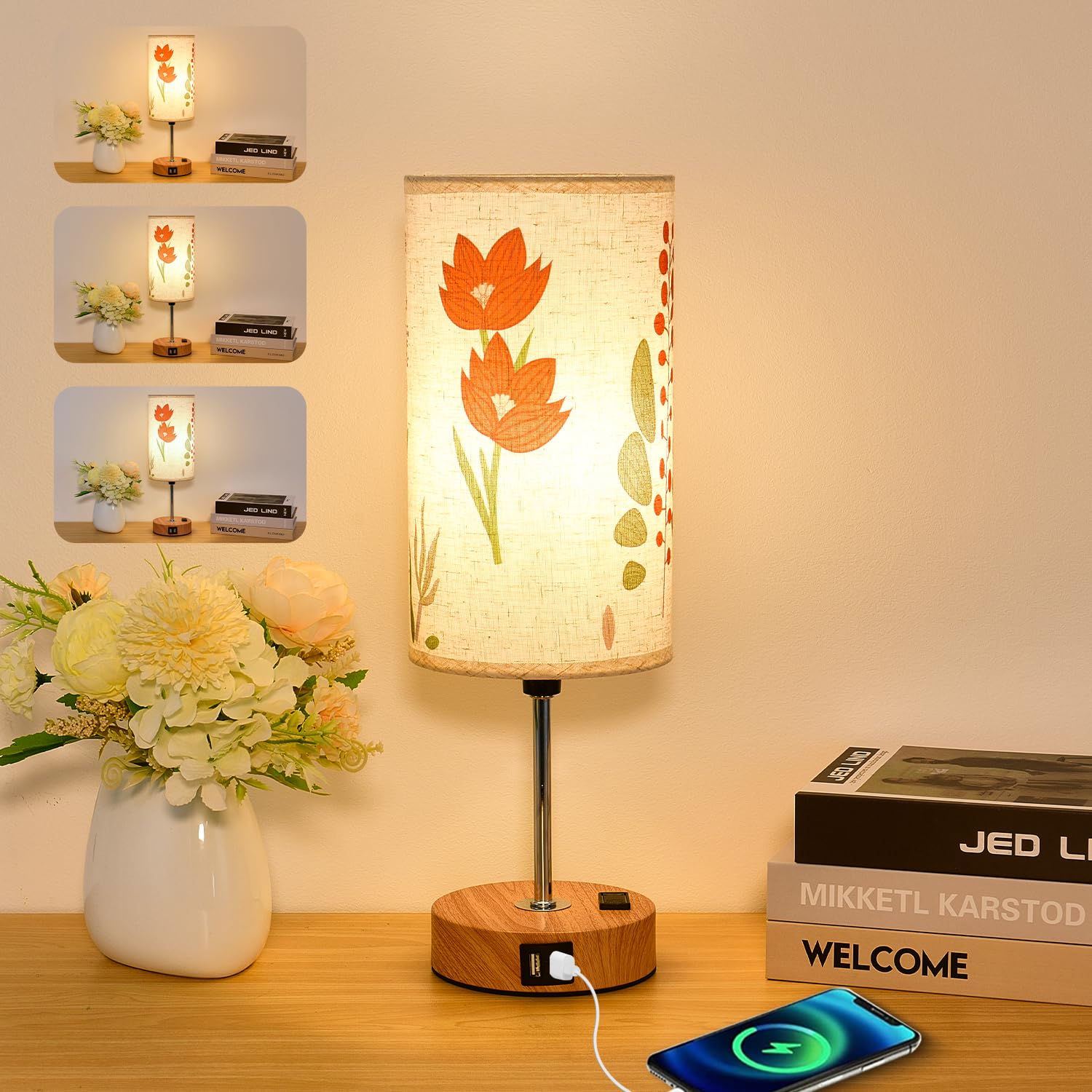 Woderdeng Flower Touch Table Lamp,3-Way Dimmable Bedside Lamps With Usb Port And Outlet,Cute Lamp With Wood Grain Base,Vintage Lamp For Bedroom,Room Decor,Flower1