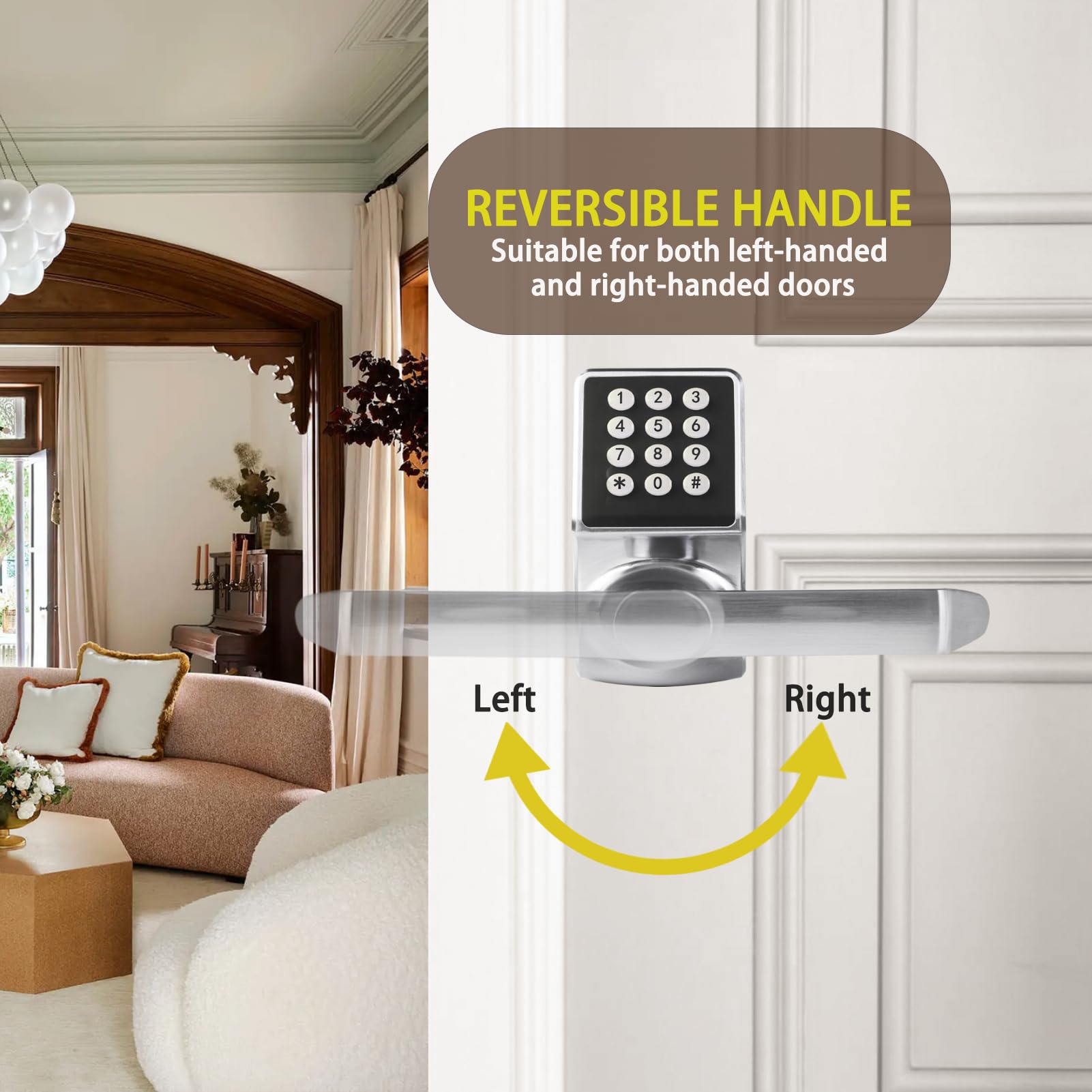Zevaway Keyless Entry Door Lock With Handle, Keypad Lock, Ic Card & Key, Easy Installation, Satin Nickel