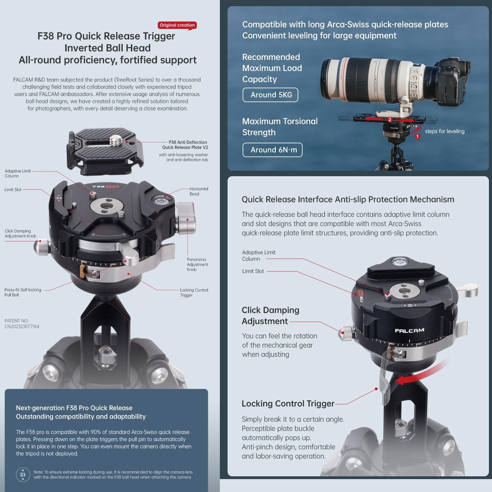 Eachshot Falcam Treeroot 61" F38 Pro Quick Lock Travel Tripod,With 360 Degree Damping Ball Head Load Capacity 5Kg/11Lbs,Carbon Fiber Tripod With F22 Interfaces, 1/4" Screw,Carry Strap Holes For Cameras